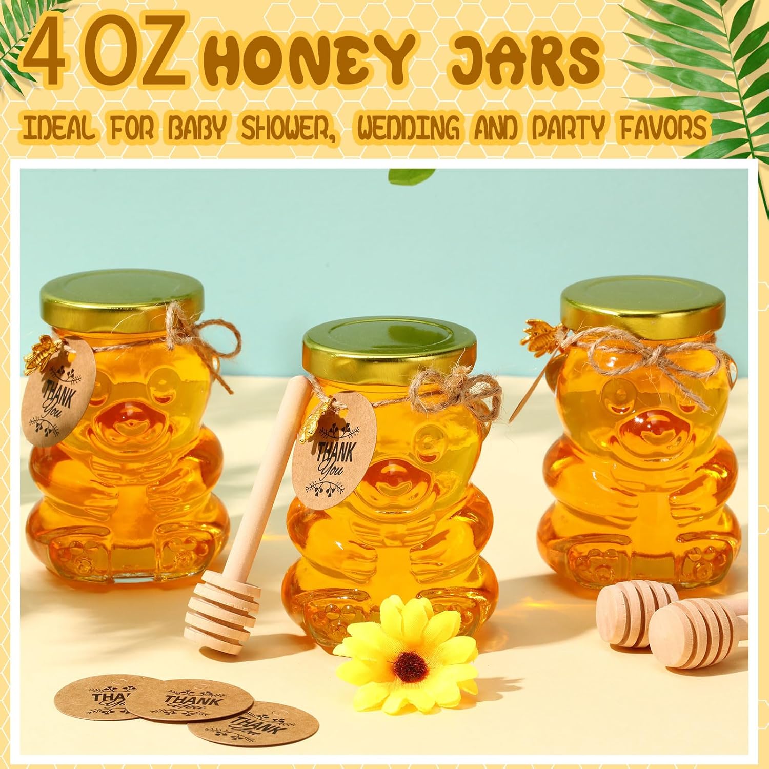 Pickmesh 24 Set 4 oz Bear Shaped Rosh Hashanah Glass Honey Jars with Dipper Bee Pendants Tags Twine Honey Jars Party Favors Small Bear Bottle Container for Baby Shower Wedding Favors(Gold Lids)