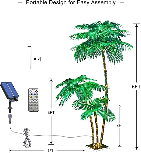 Miniatura 5 de Palmera artificial iluminada con luz solar, 6 pies, 3 pies, 2 pies, 2 pies, decoración para exteriores, 203 luces LED, árbol falso para interiores y