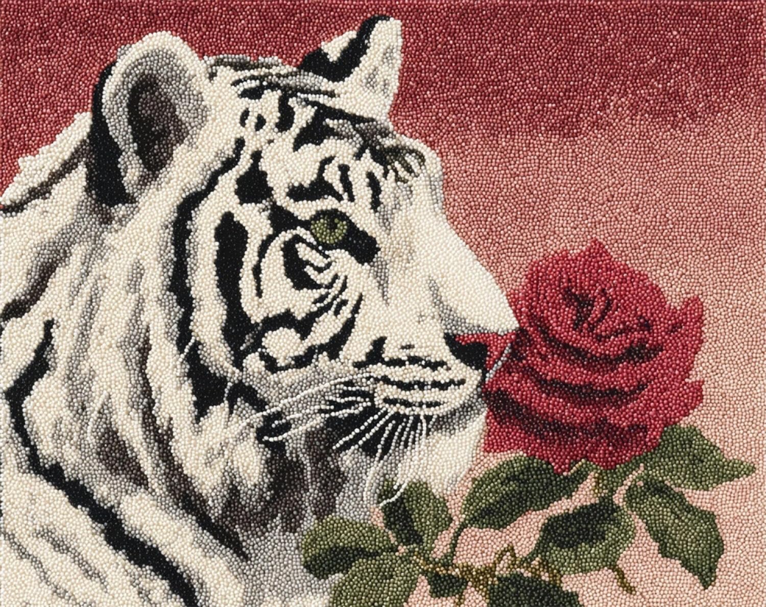 Henypt DIY Knüpfteppich zum Selber Knüpfen Weißer Tiger und Rose 80x160cm | Tier Sticken Set Für Erwachsene Bedruckter Teppich Handgefertigte Geschenke,Wanddekoration