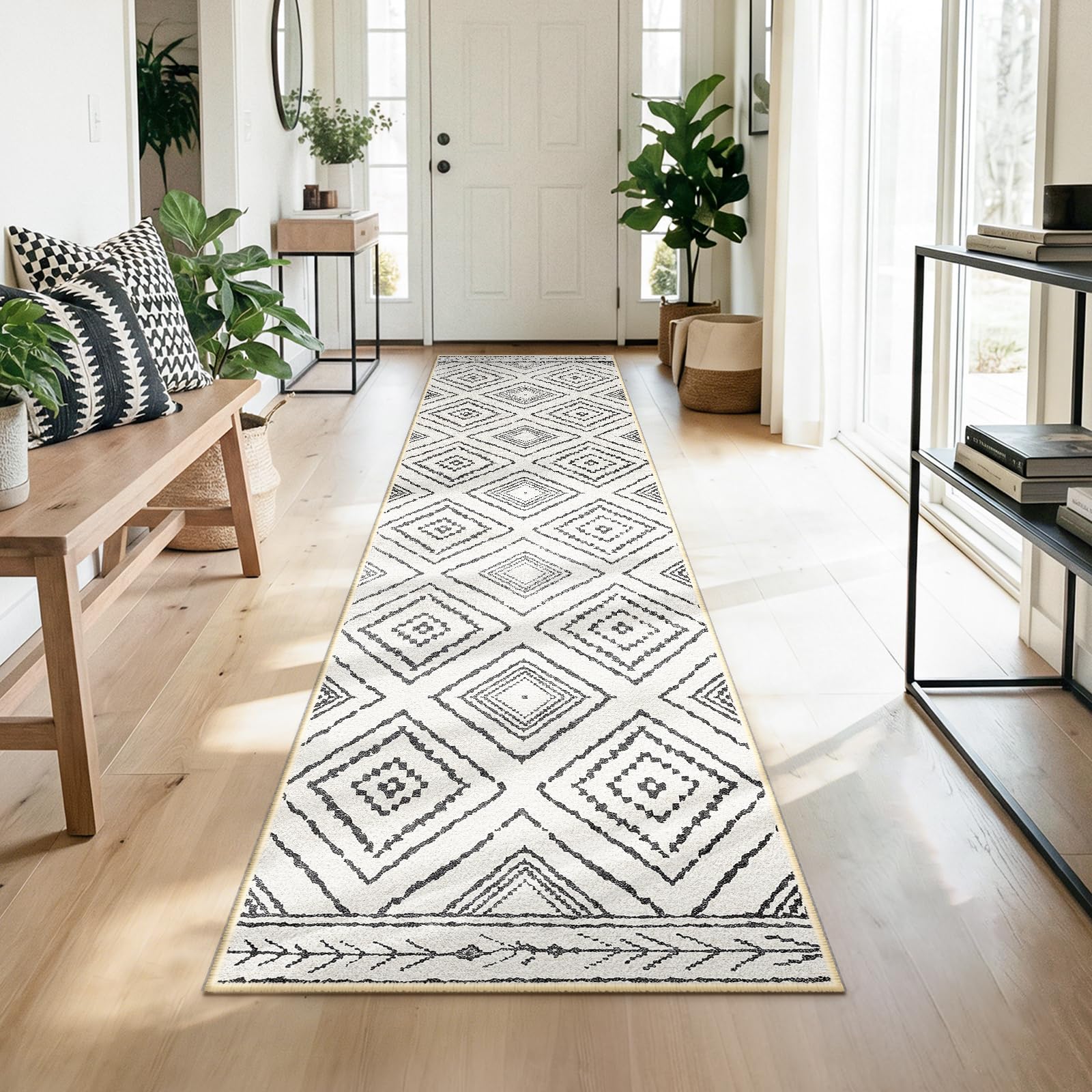DEFYNEE Läufer Teppich, rutschfest, Kurzflor, Waschbar, Faltbar, Boho Design für Flur, Küche, Wohnzimmer & Büro