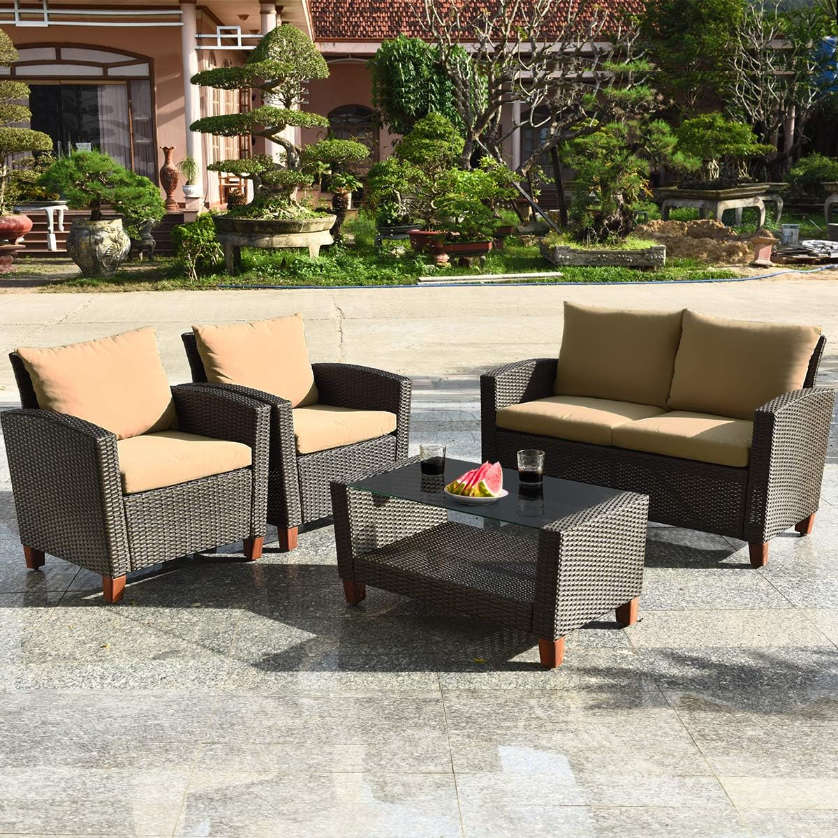 COSTWAY 8PCS Patio Rattan Furniture Set Solid Wood Leg Cushioned Sofa Garden Lawn