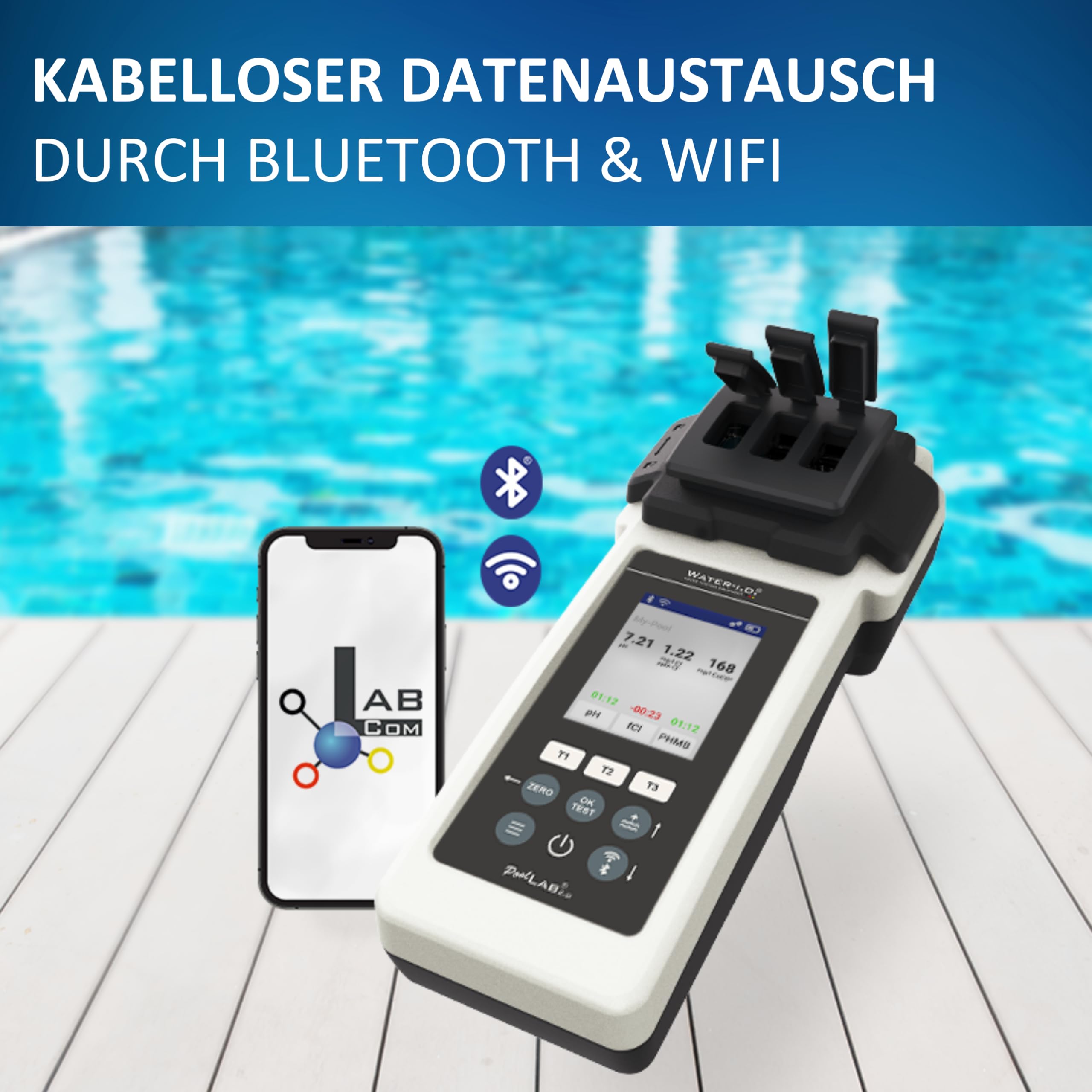 PoolLAB 2.0 Special Edition inkl. 140 Testtabletten - Wassertester für Pools (Photometer) Bluetooth WLAN Pooltester Messgerät Chlor pH-Wert Phenol Red Alkalinity M Cyanursäure