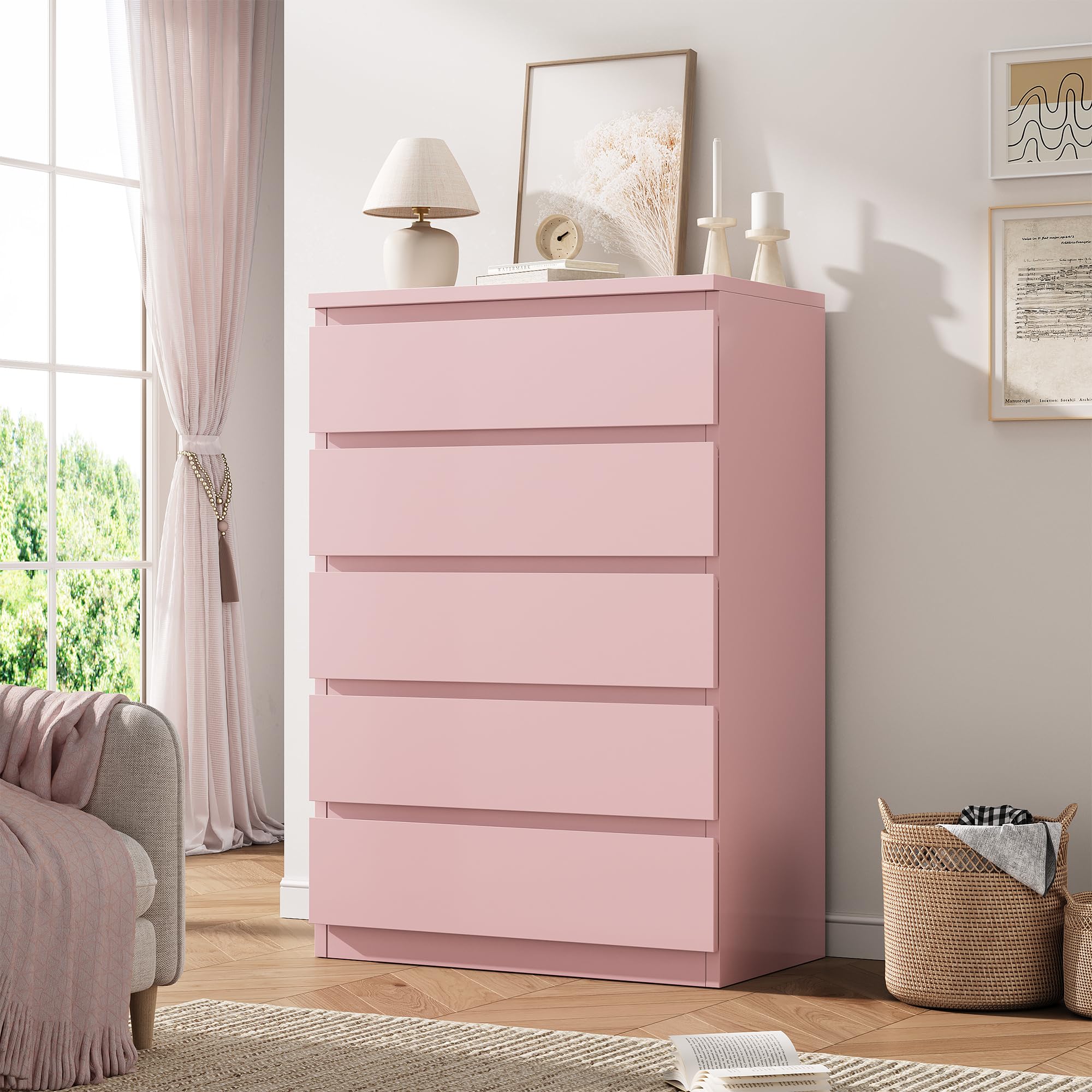 Orgobysol Pink 5 Drawer Dresser for Bedroom, 15