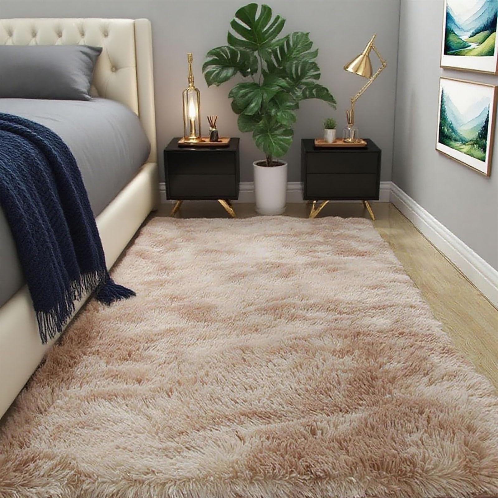 Tapis doux à poils longs beige 90x100cm pour terrasse et balcon