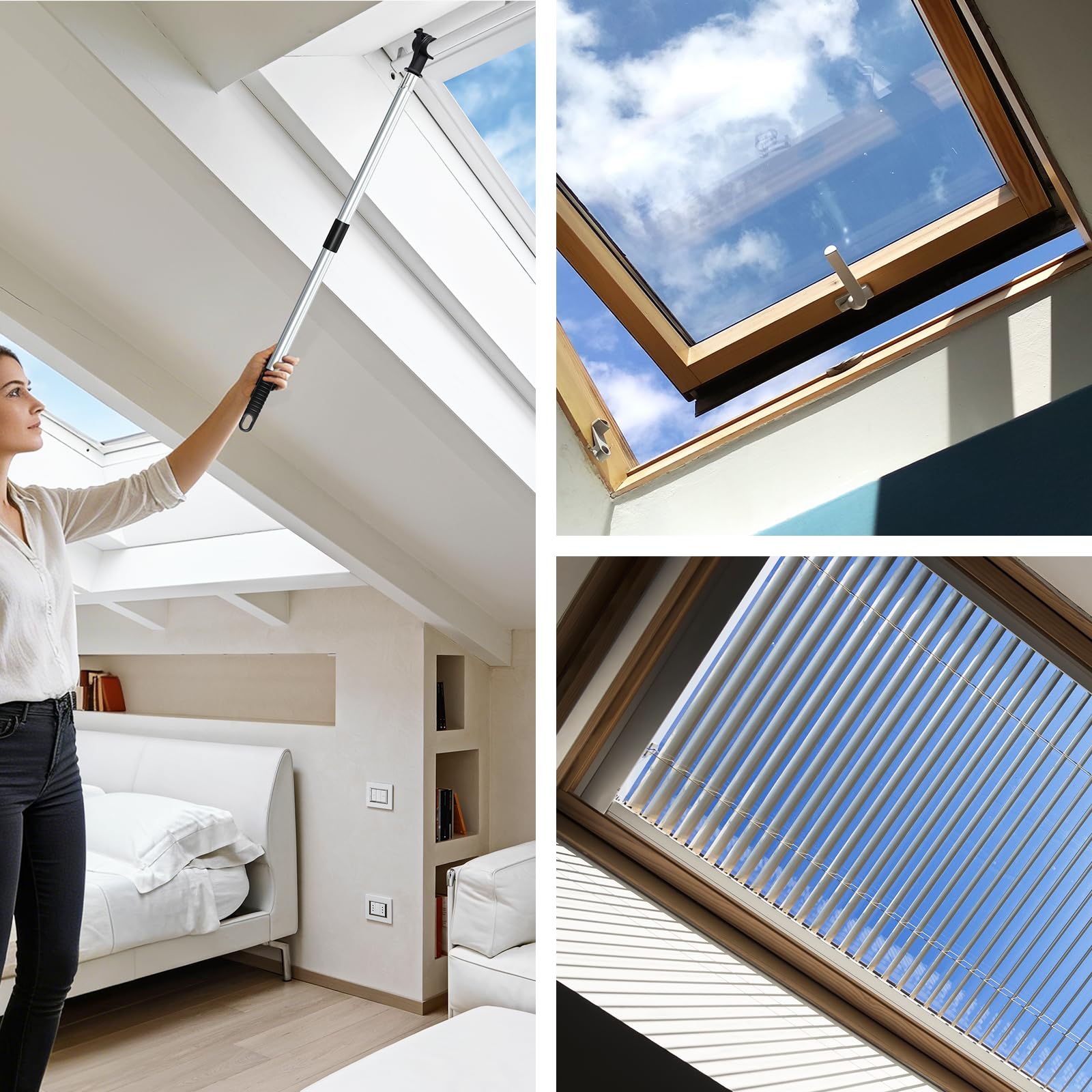 Newthinking Perche télescopique pour fenêtres Velux - 1,87 m - En acier inoxydable - Longue poignée - Avec crochet - Pour fenêtre de toit Velux