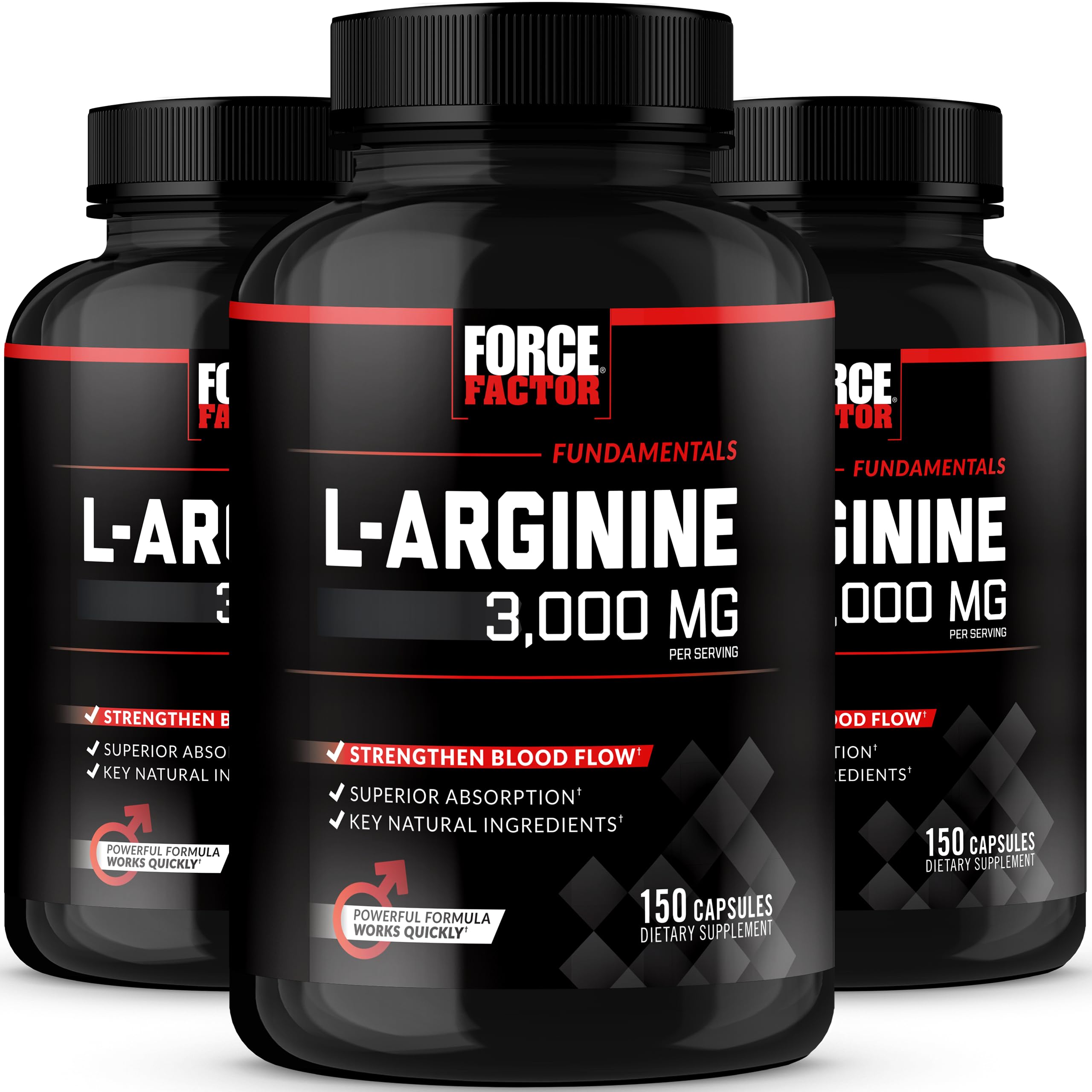 Force Factor L-Arginine,3-Pack,Nitric Oxide Supplement with BioPerine to Help Build Muscle & Support Stronger Blood Flow,Circulation,Nutrient Delivery,& Pumps,L-Arginine 3000mg,3g,450 Capsules