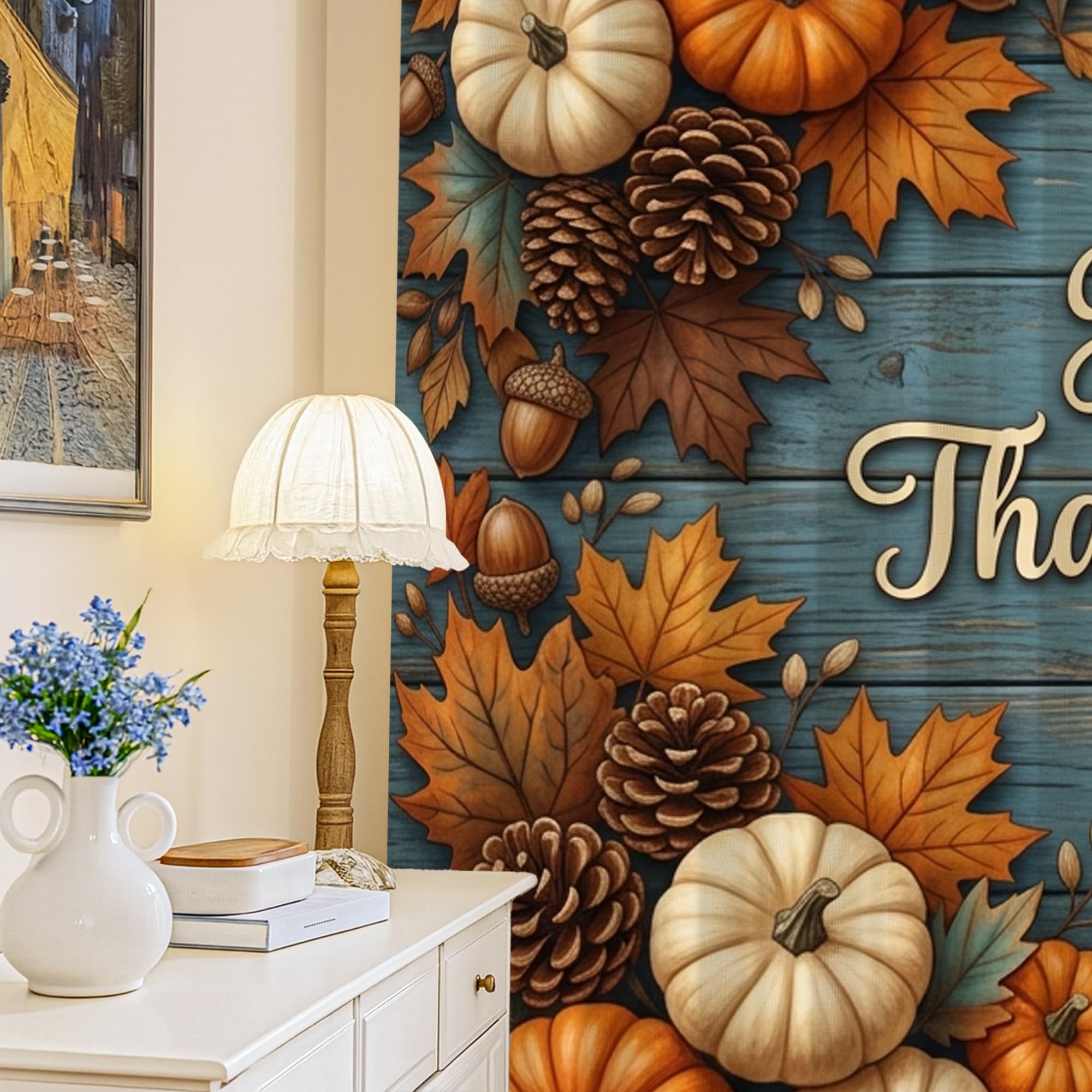 Rideaux occultants pour salon et chambre motif citrouilles rustique bleu