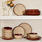 POKINI Dinnerware Set, 18 Pieces Stoneware Plates and Bowls Set, Handmade Reactive Glaze Dishes Set, Scratch Resistan Round Ceramic Dish Sets Service for 6, Dishwasher & Microwave Safe, Brown Yellow