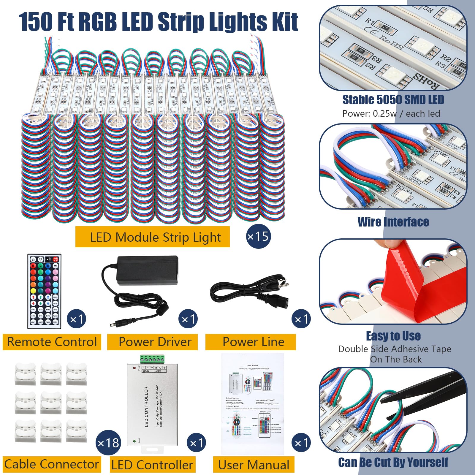 Retisee Paquete de 15 módulos LED de 50 pies con control remoto, 3 LED 5050 RGB, tira de luz multicolor, impermeable, luces de camión de alimentos para bricolaje, negocios, publicidad comercial al