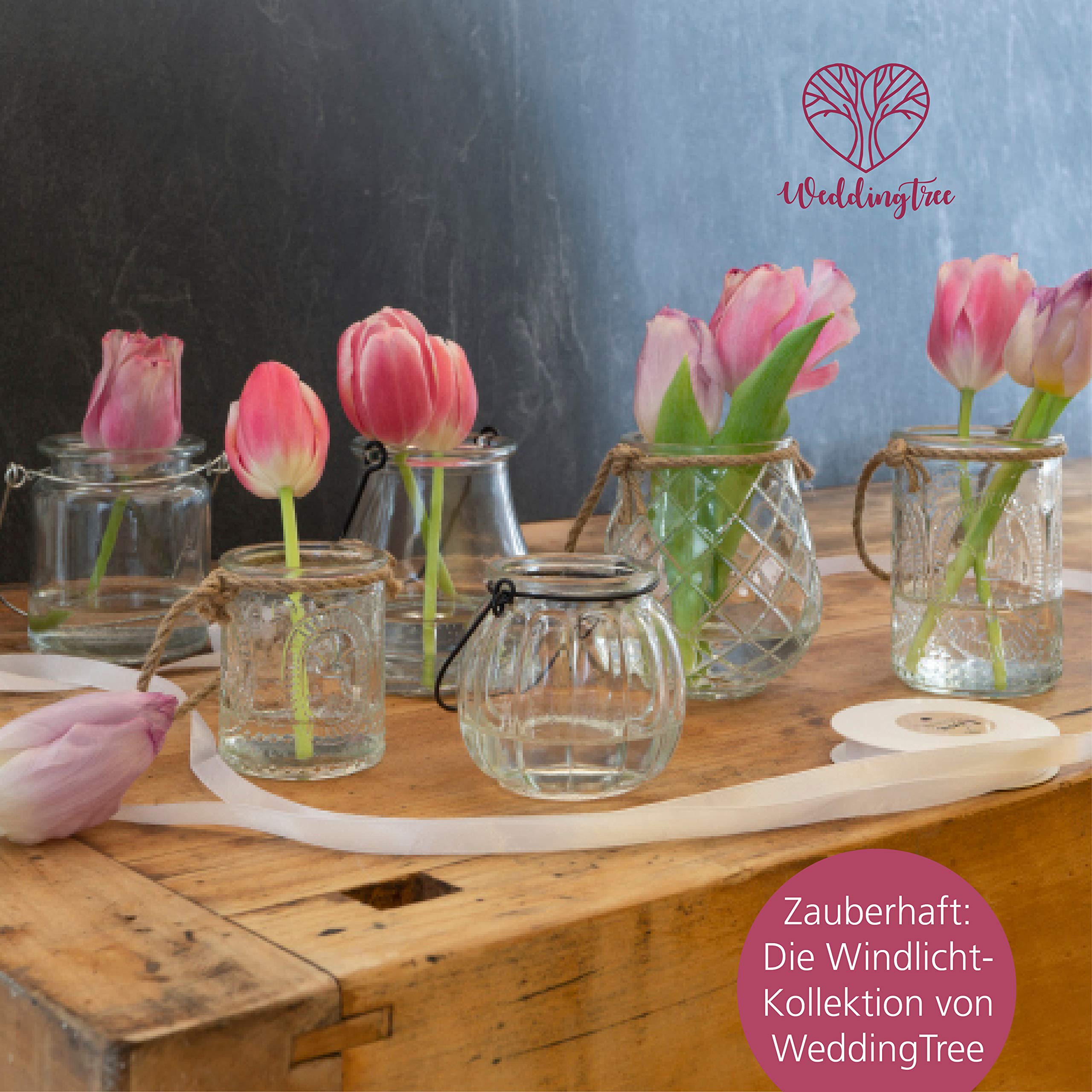 WeddingTree 12 x Windlicht Glas mit Bügel und Dekoband weiß - Teelichtgläser - Einfach Abnehmbarer Metallbügel - Deko für Hochzeit (Expressionismus)