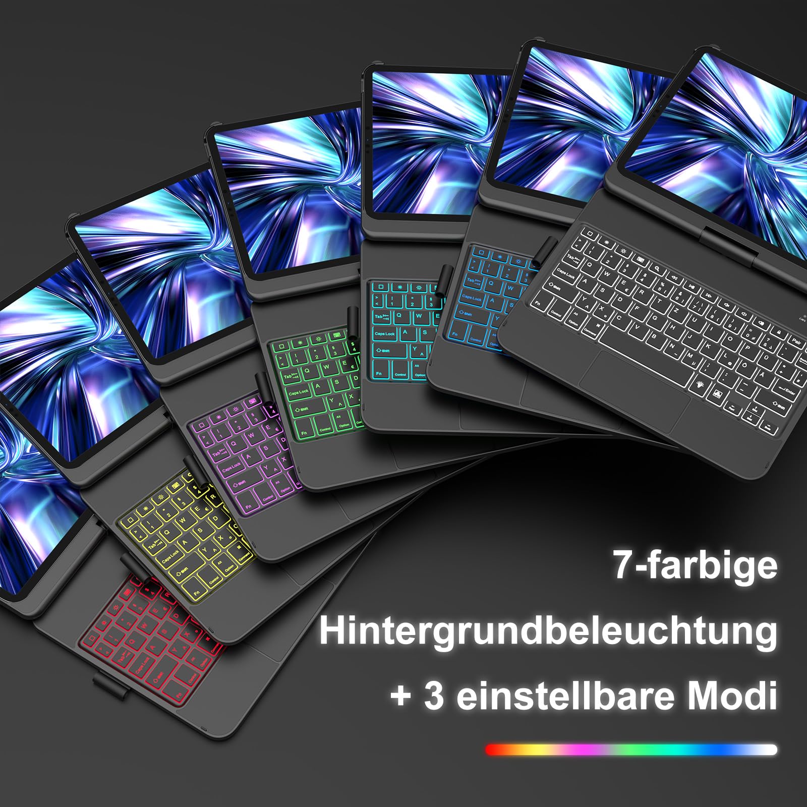 KBCASE Bluetooth Tastatur Schutzhülle für iPad 10. Gen 2022 10,9 Zoll, iPad 11. Gen 2025 A16 11 Zoll, mit Touchpad, QWERTZ, 360°-Drehung, 7- Farbige Hintergrundbeleuchtung (Mitternachtsschwarz)