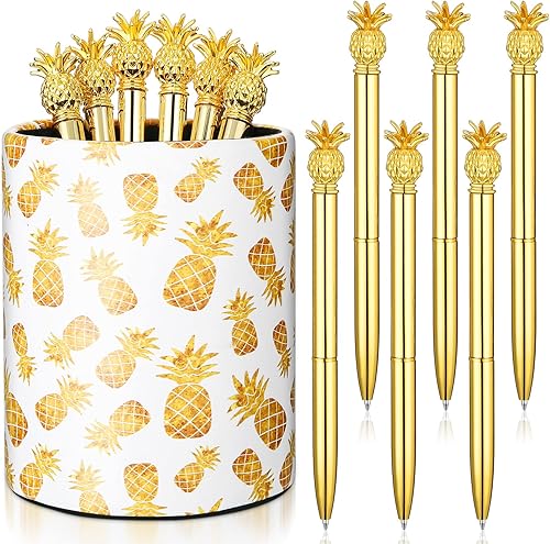 Pineapple Pen Holder with 6 Pcs Pineapple Pens Pineapple Shaped Ballpoint Black 0.5mm Gel Ink Pen for Pencil Cups for Women Girls Desk Organizer