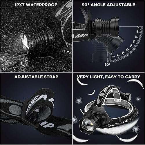 Miniatura 6 de Linterna frontal recargable, 3000 lúmenes, lámpara LED súper brillante con 5 modos de iluminación, recargable por USB, ajustable a 90, impermeable,