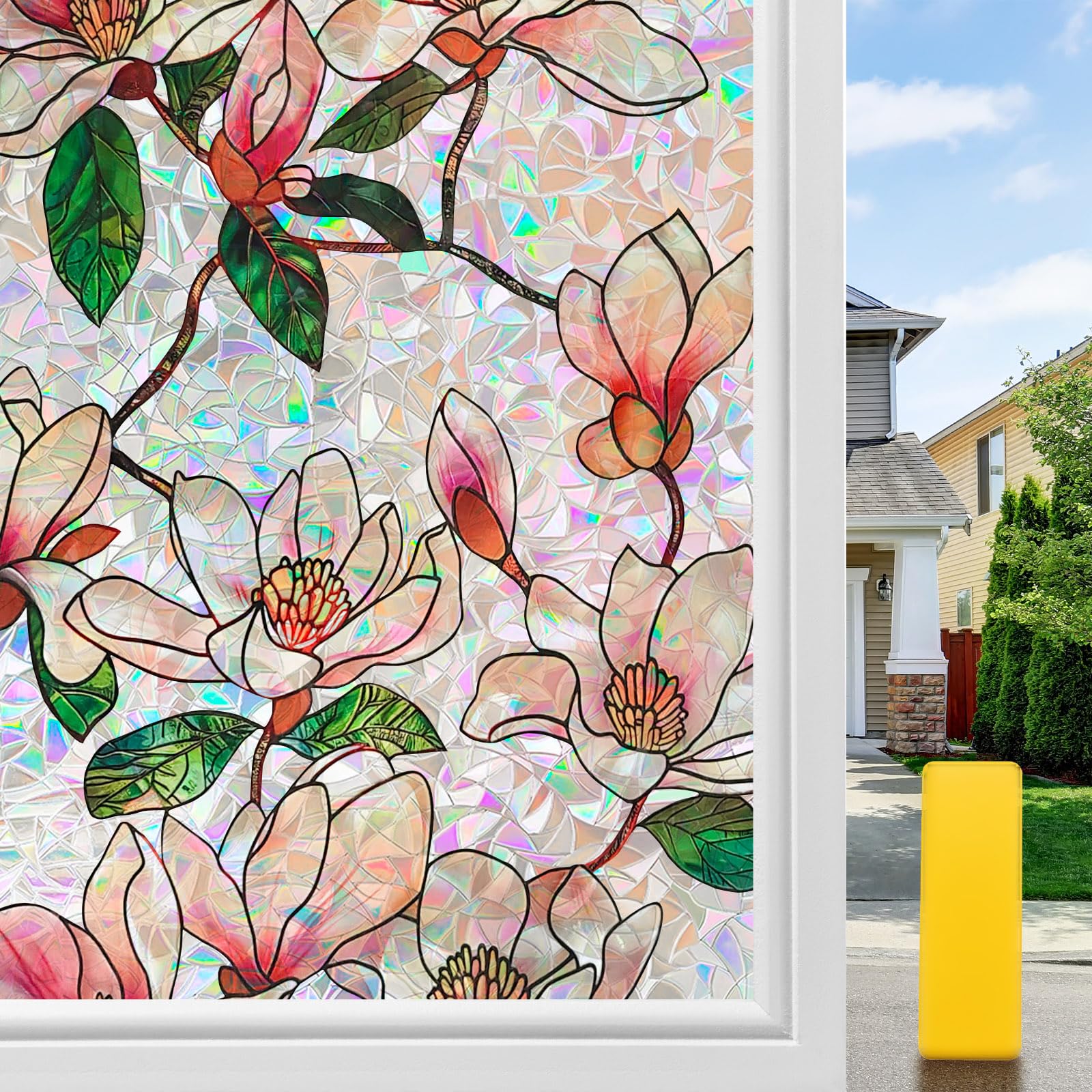 Aurathon Window Film Privacy for Glass Windows Stained Glass Window Film 44.5x120cm Rainbow Magnolia Pattern Static Cling Non Adhesive Decorative Anti-UV for Home Windows and Doors