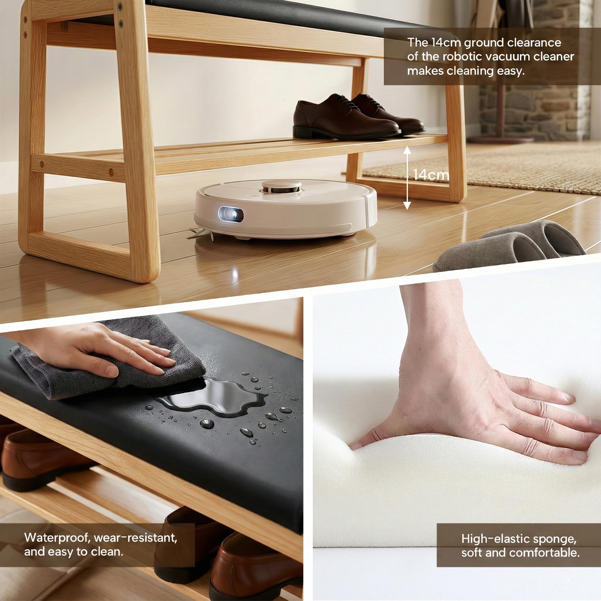 Schuhbank mit Stauraum, 2-stöckiges Schuhregal für Eingangsbereich und Flur, modernes Eichen-Design mit PU-Lederkissen, zum Organisieren von Schuhen