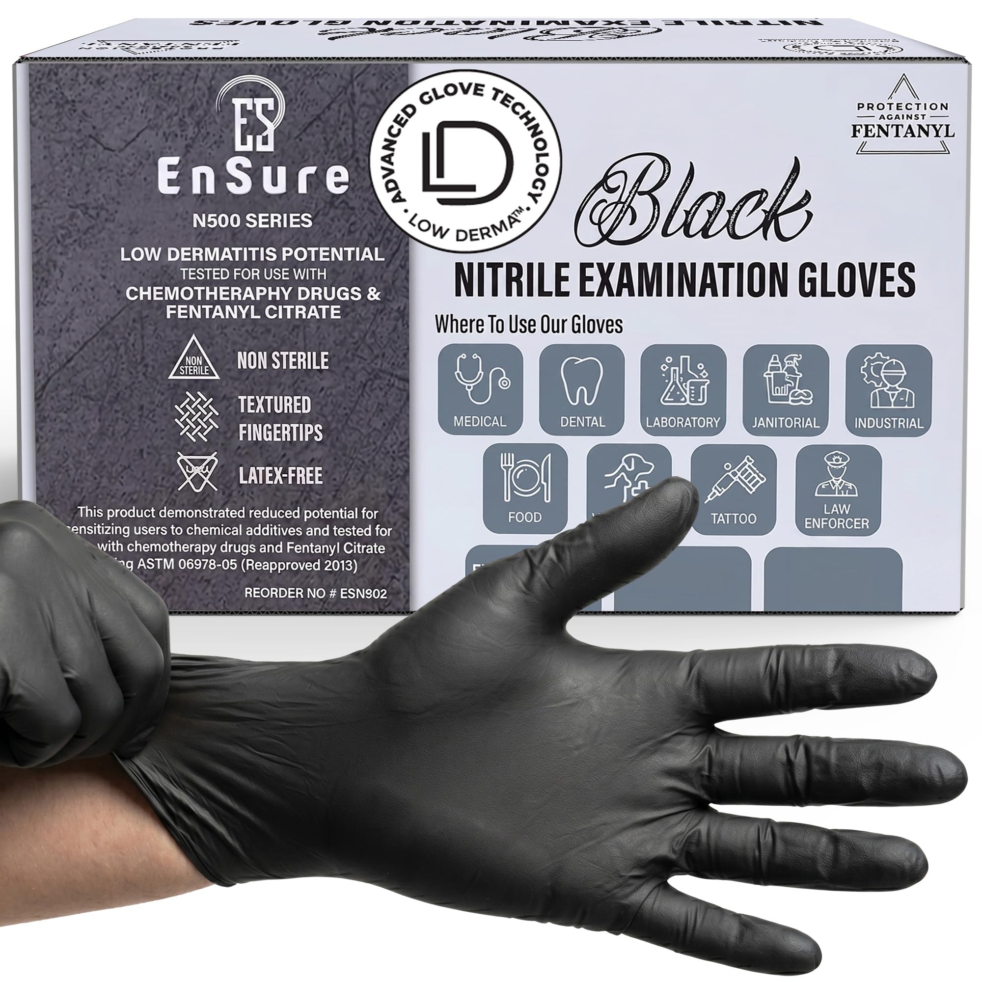 Ensure Black Nitrile Gloves Medical Latex Free Low Dermatitis Gloves 5 Mil