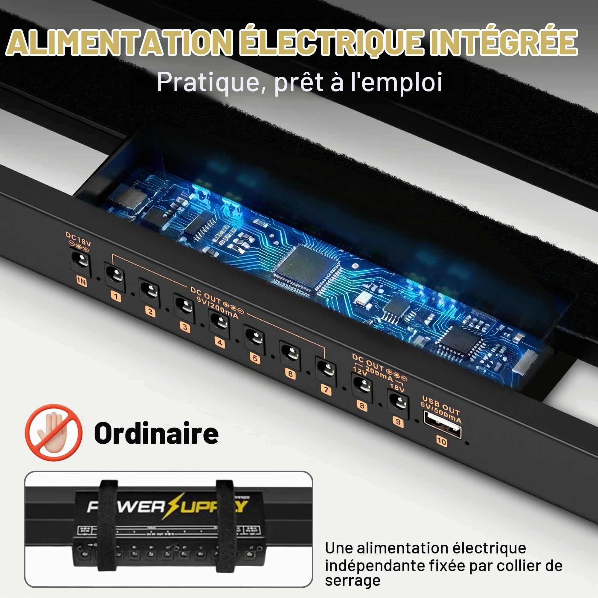CAHAYA Pédalier Guitare Alimentation Compacte - Pedalboard Léger en Alliage d’Aluminium avec Alimentation Intégrée, Câbles DC, Sortie USB, Sac de Transport et Adaptateur 49x13cm 0,86kg