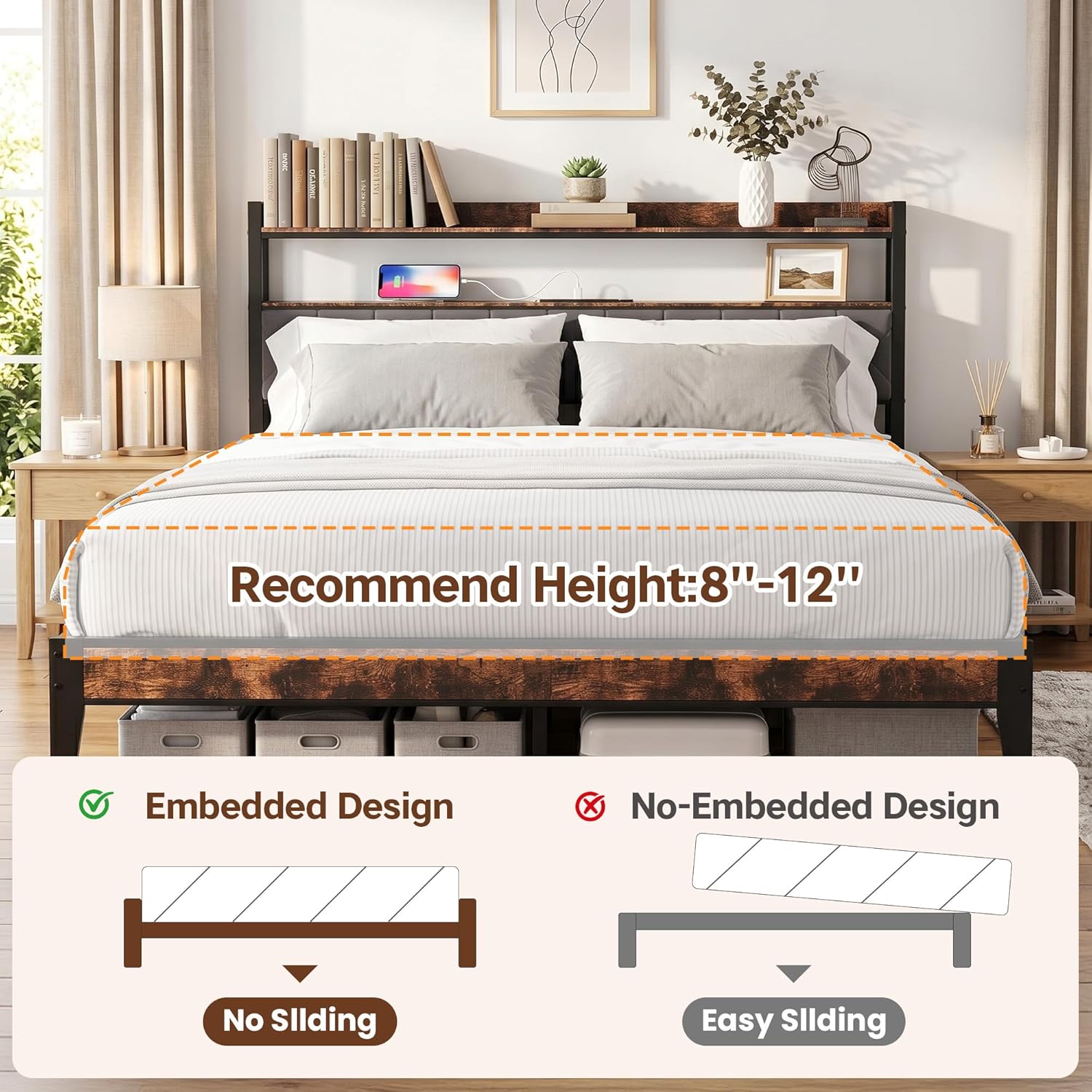 King Size Bed Frame with Charging Station, King Bed Frame with Upholstered Headboard, Metal Platform Bed with 2-Tier Open Shelves, Large Under Bed Storage, Non-Slip Without Noise, Grey