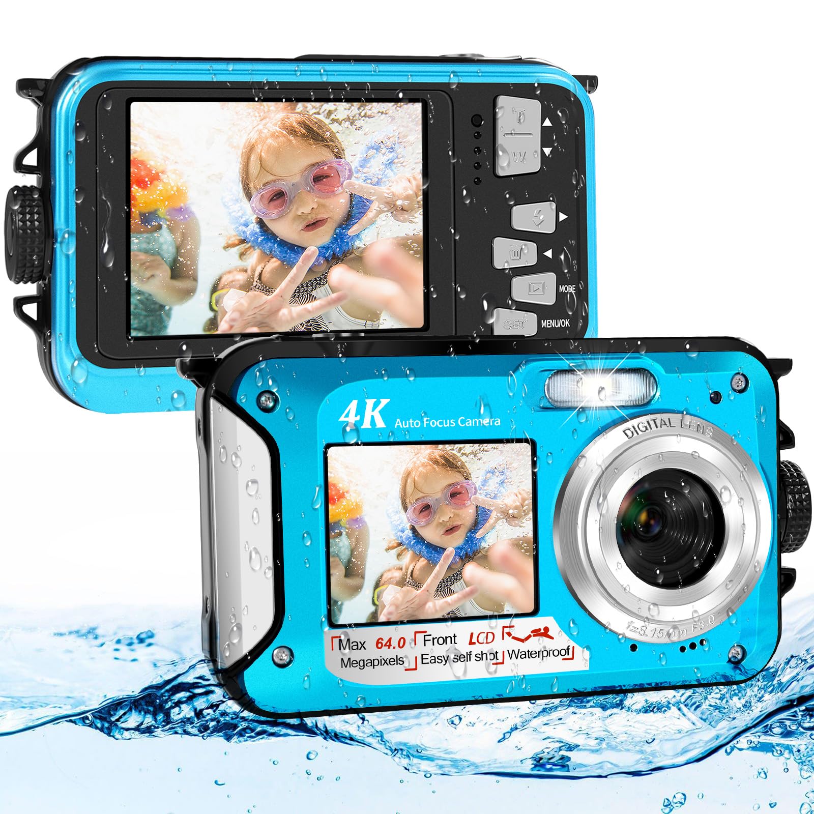 64MP Macchina Fotografica Subacquea Con Scheda Di Memoria Da 32 GB, 4K Fotocamera Subacquea Con Autofocus E Doppio Schermo Selfie HD, 5 Metri Fotocamera Subacquea Digitale (2 Batterie)