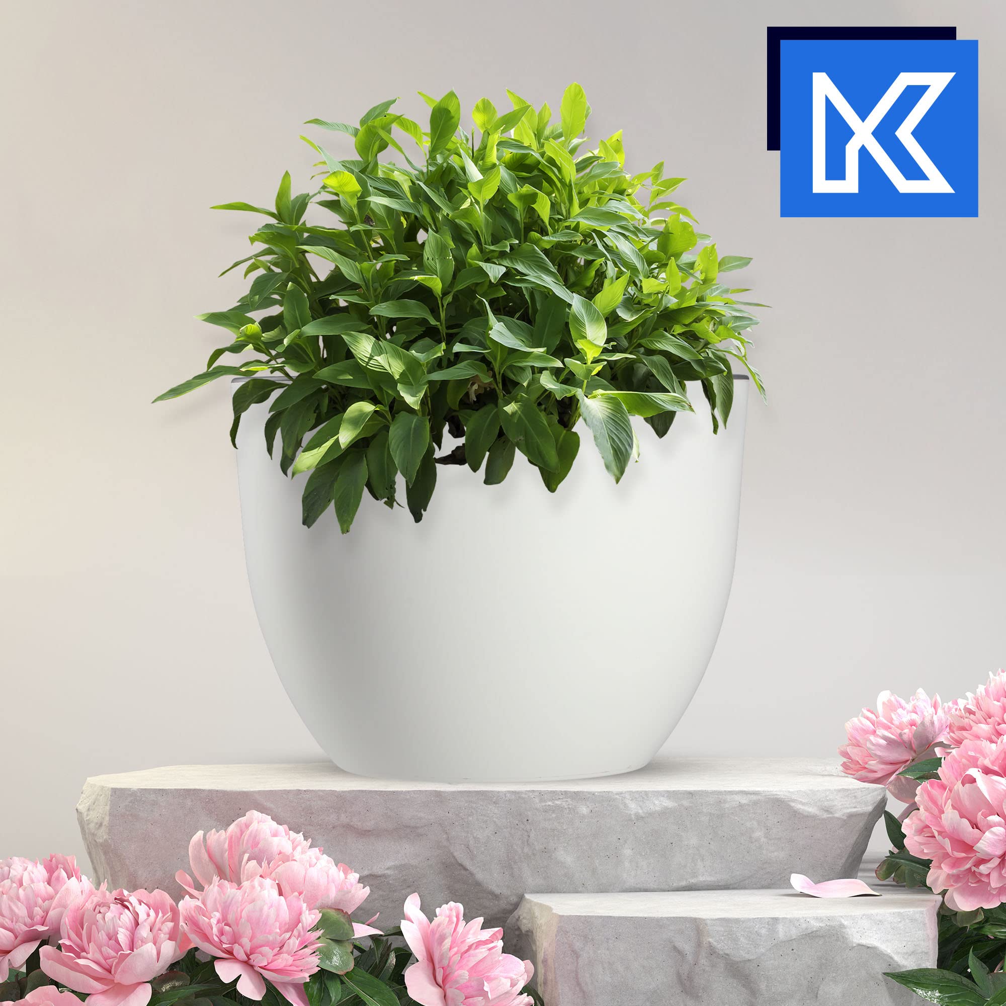 KADAX Vaso Rotondo In Plastica Con Sottovaso, Set Da 2 (18cm + 20cm), Bianco Lucido, Per Piante E Fiori Da Interno - 2
