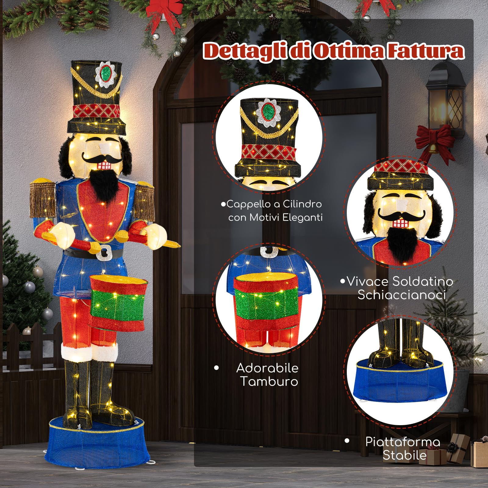 COSTWAY Soldato di Natale Illuminato 185 cm, Soldatino Schiaccianoci Illuminato con 100 Luci LED, Decorazioni Natalizie per Interno ed Esterno (Modello 2)