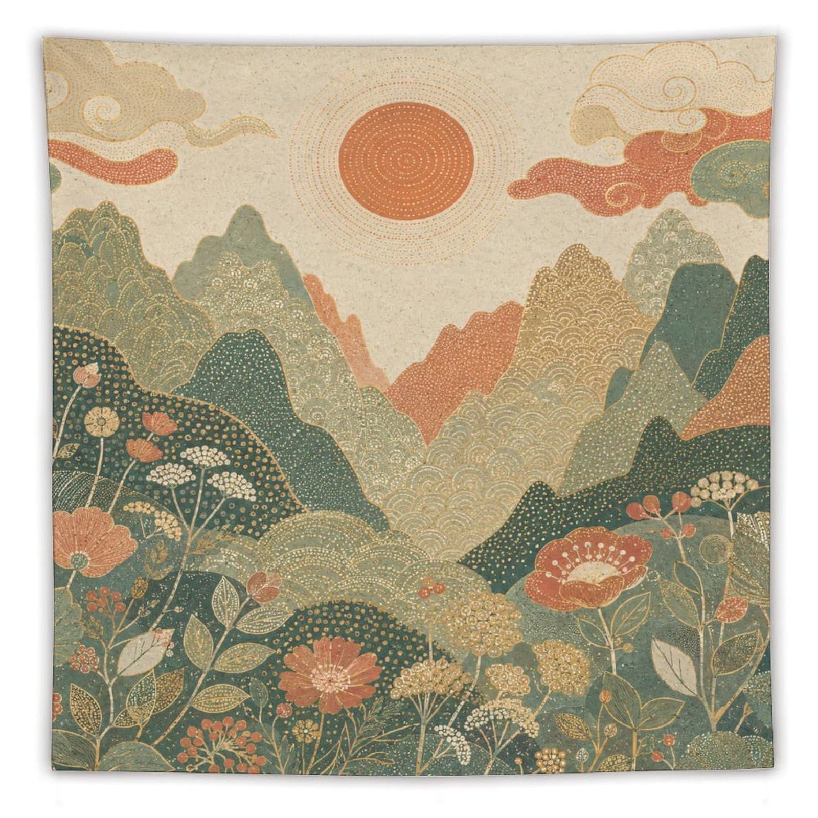 W7C8U2X3 Mountain Garden Sunrise Wall Tapestry, Impressionist, Backdrop