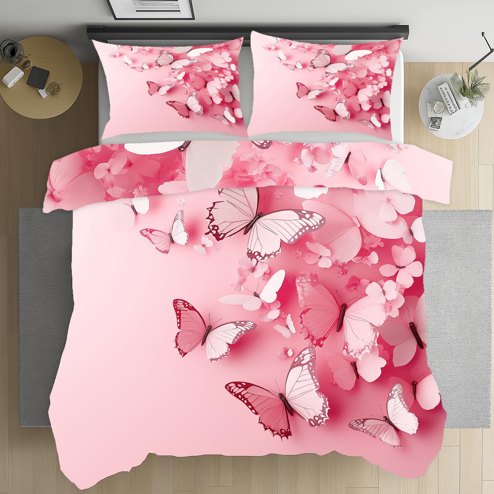 Housse de couette rose papillon 220x240 cm avec taies