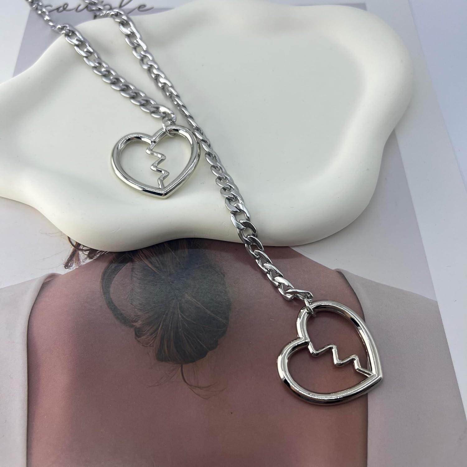 Slip Chain Necklace for Women, Punk Heart Cat Shar Slip Chain Choker Necklace Jewelry Heart O-ring Slip Chain Necklace Adjustable Lariat Y-Necklace - Image 3