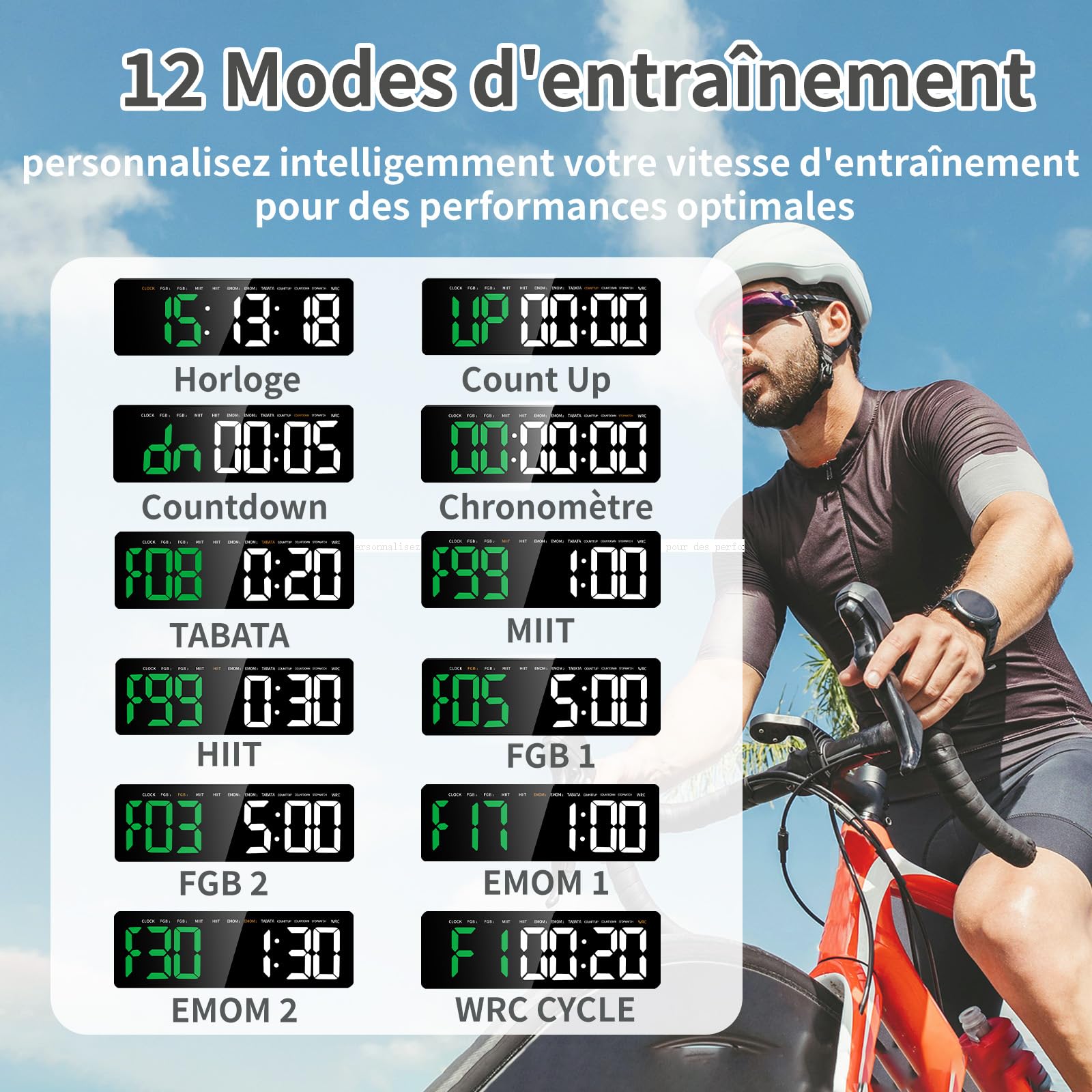 Timer Sport, Minuteur Fitness 16" Grand Ecran Time, 12/24 Heures Horloge Murale Numérique LED avec Support, Chronomètre avec Télécommande, Timer pour pour Workout, Home Gym(Vert+Blanc)