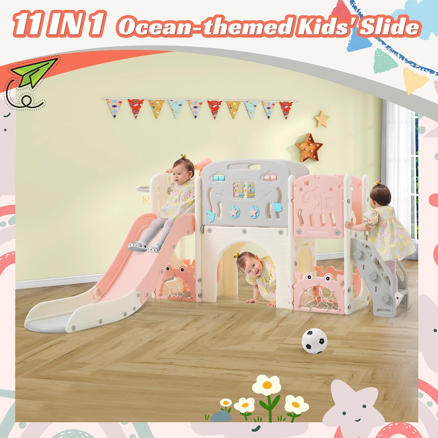 11in 1 Toddler Slide, Kid Slide for Toddlers Age 1-3 with Telescope, Basketball Hoop, and Telescope, Indoor Outdoor Playset Playground Pink Bei'ge