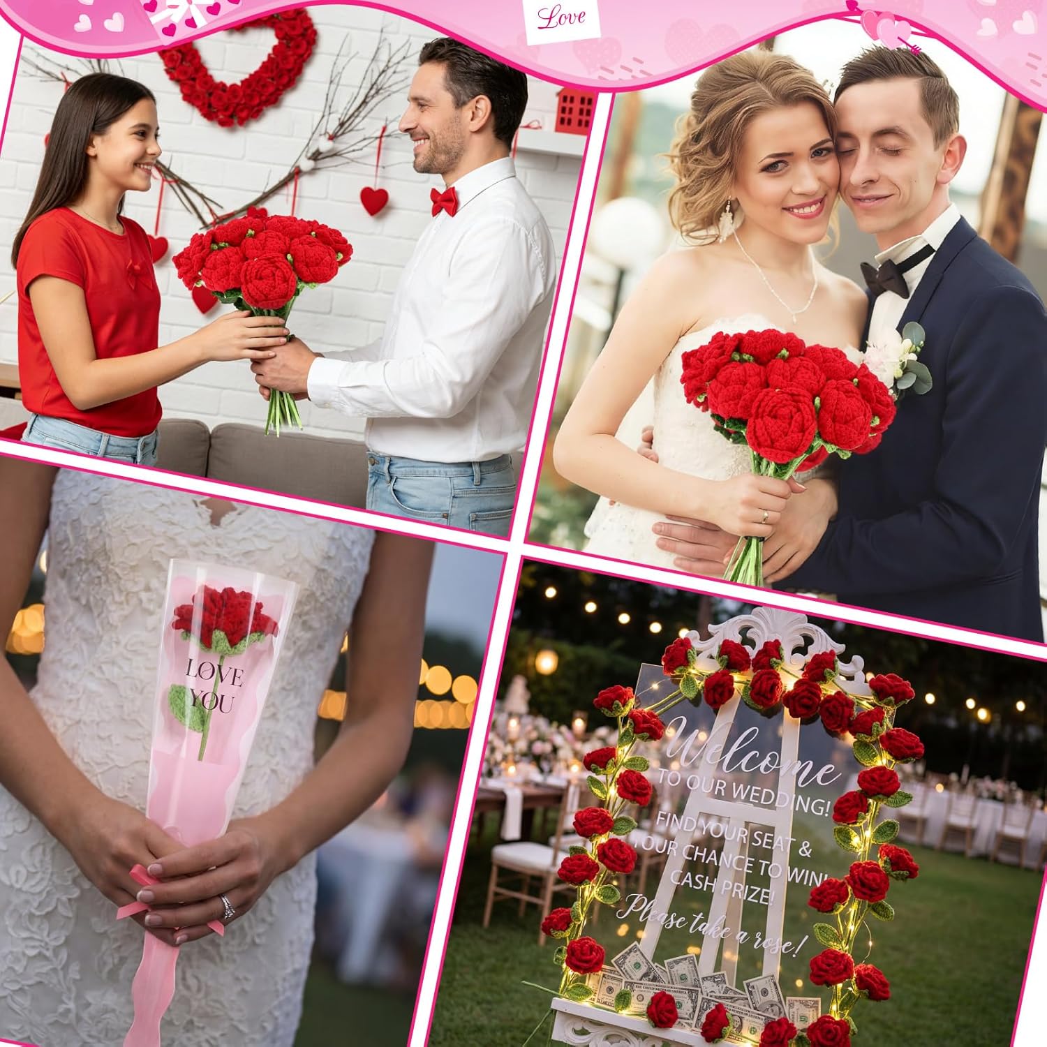 Zeyune 8 Pcs Valentine's Day Crochet Rose Flowers Handmade Knitted Roses Bouquet Finished Handmade Flower Artificial Rose Flowers Bulk for Women Valentine's Day Party Favor(Red) - Image 6