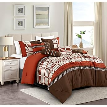 Chezmoi Collection Napa by 7-Piece Luxury Leaves Scroll Embroidery Bedding Comforter Set (King, Rust Orange/Taupe/Brown)