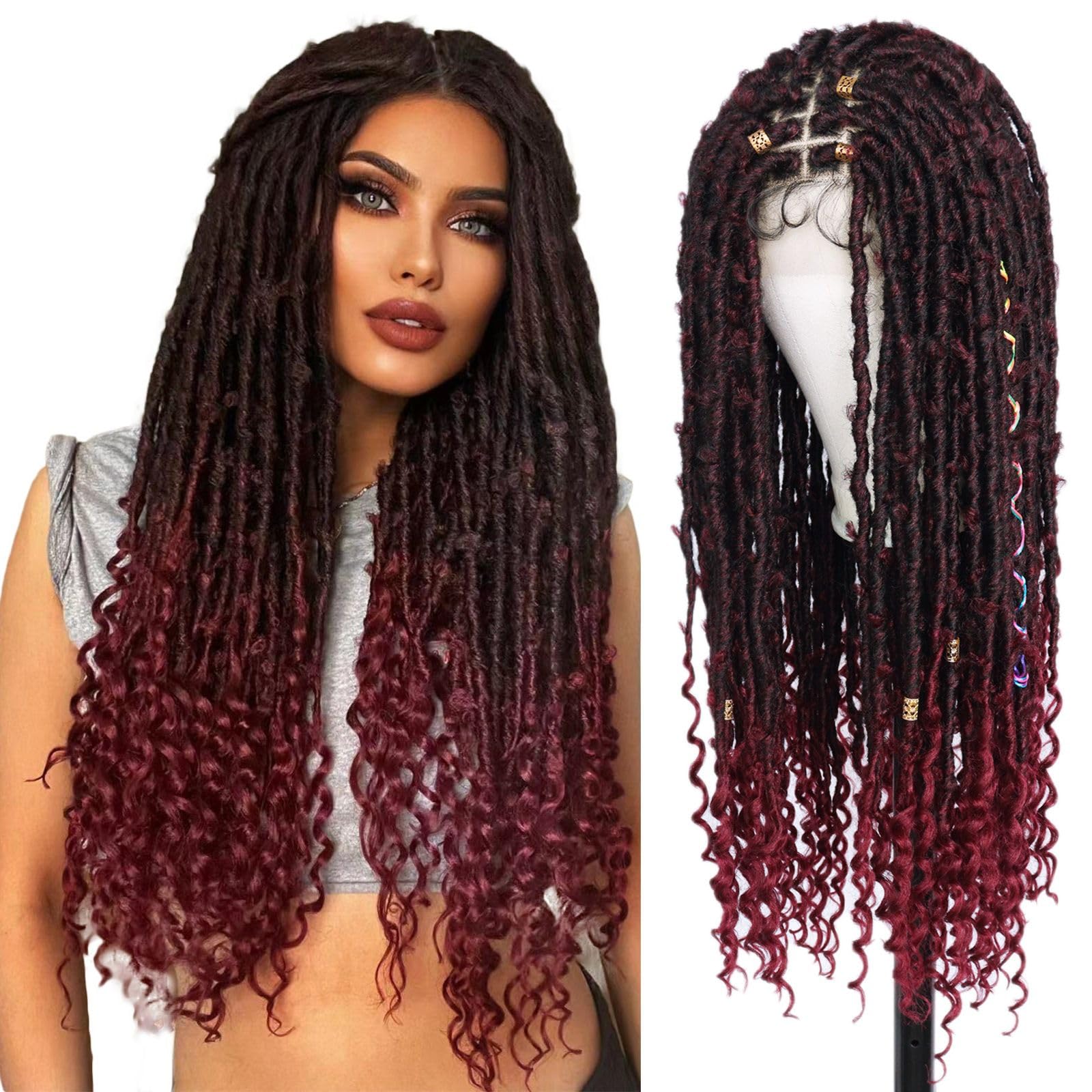 Ebingoo 32'' Knotless Braided Wigs for Black Women Boho + Wig Cap Butterfly Locs Wig Double Lace Front braided Wigs with Baby Hair Box Braided Lace Frontal Wigs Knotless Dreadlock Wig Fully Handmade Lightweight Synthetic Box Braid Wig for Women Girls Daily Wear