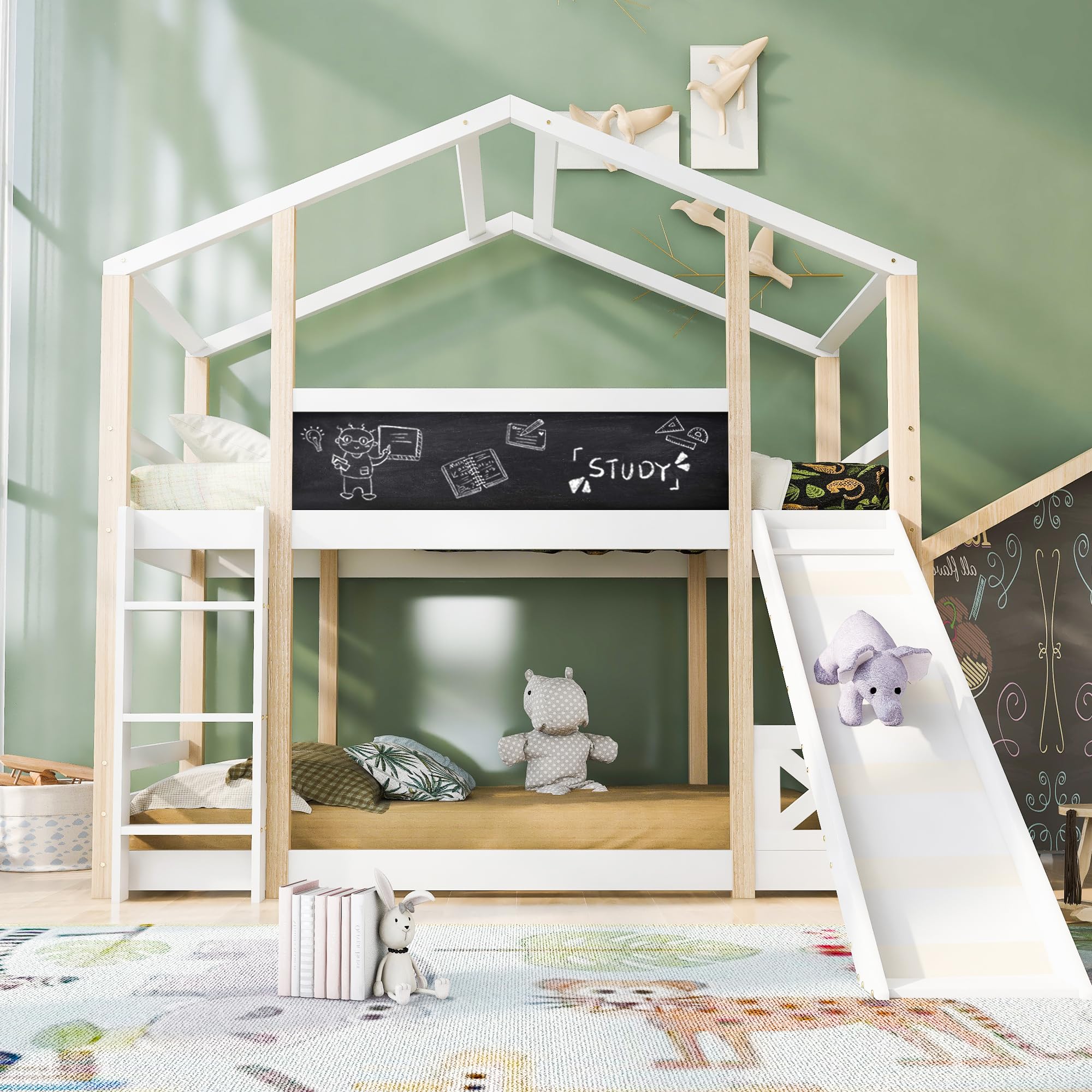 Lettino per bambini con scivolo e scala, 90 x 200 cm, letto a soppalco per bambini, 2 reti a doghe, naturale e bianco