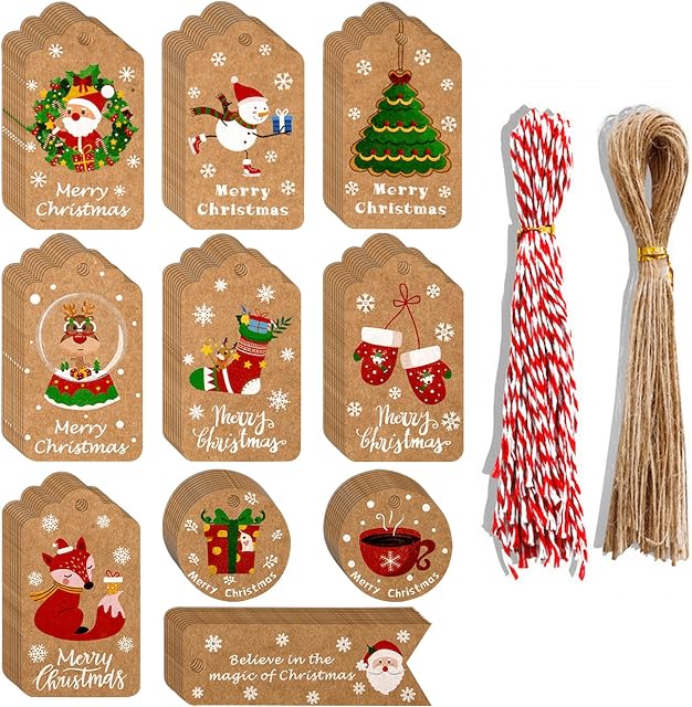 Christmas Gift Tags, Surcotto 100 Pcs Christmas Tags for Present, Christmas Labels with Holes, Hanging Xmas Gift Tags with 100 pcs Strings, Kraft Christmas Gift Tags for Kids (Brown)