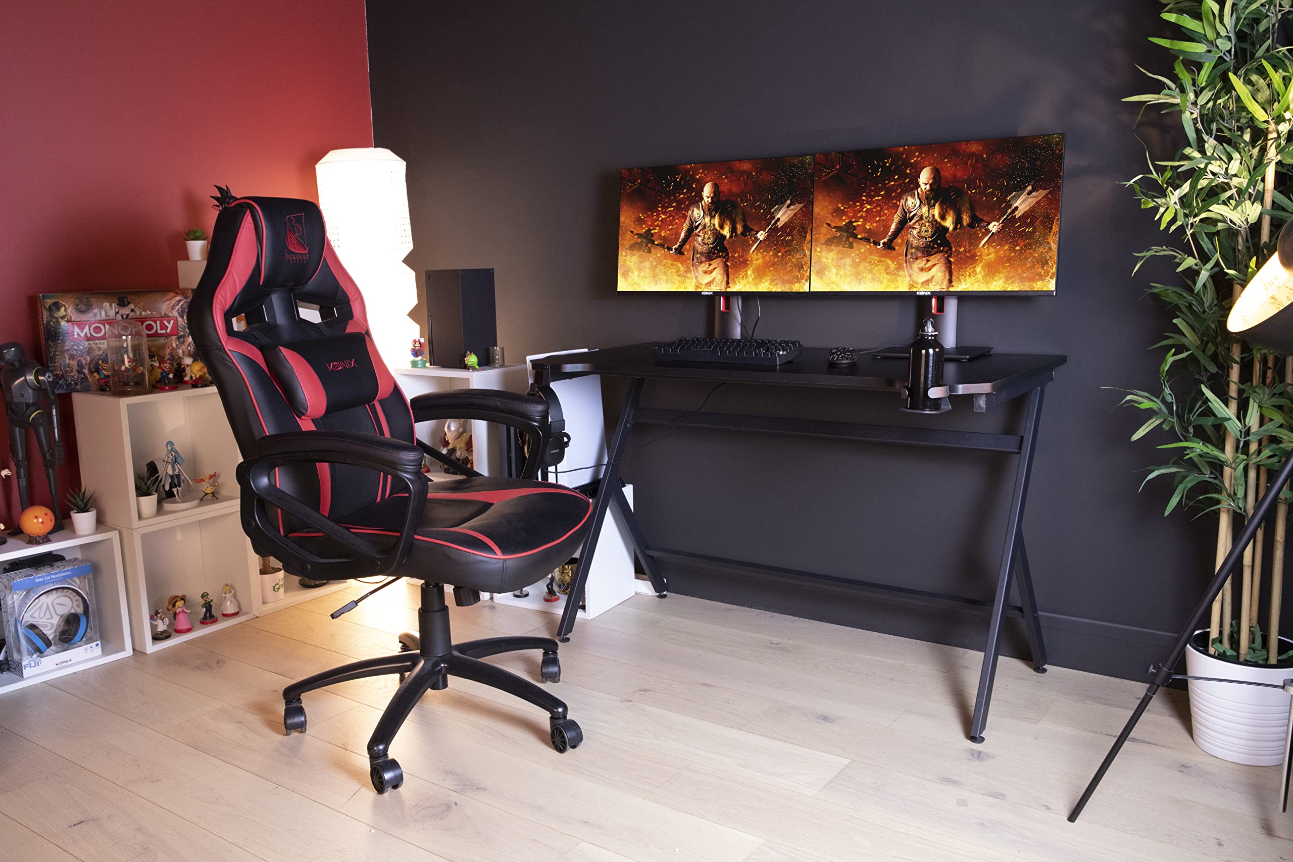 Konix Drakkar Escritorio Gaming Mani 121 x 69 x 76 cm en Forma de Y - Tablero de Mesa de Madera y Metal - Portavasos y Soporte para Auriculares incluidos - Negro