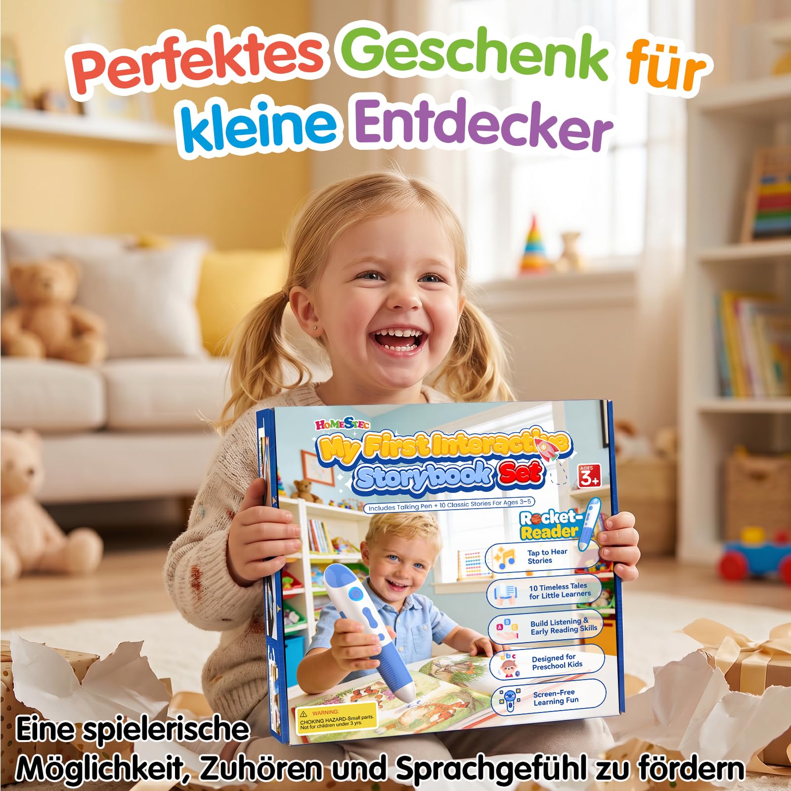 Interaktiver Lernstift mit 10 englischen Geschichtenbüchern, Vorlesestift für Kinder ab 2–5 Jahren, Sprachlernspielzeug, Audio Lernsystem, wiederaufladbar (USB-C)