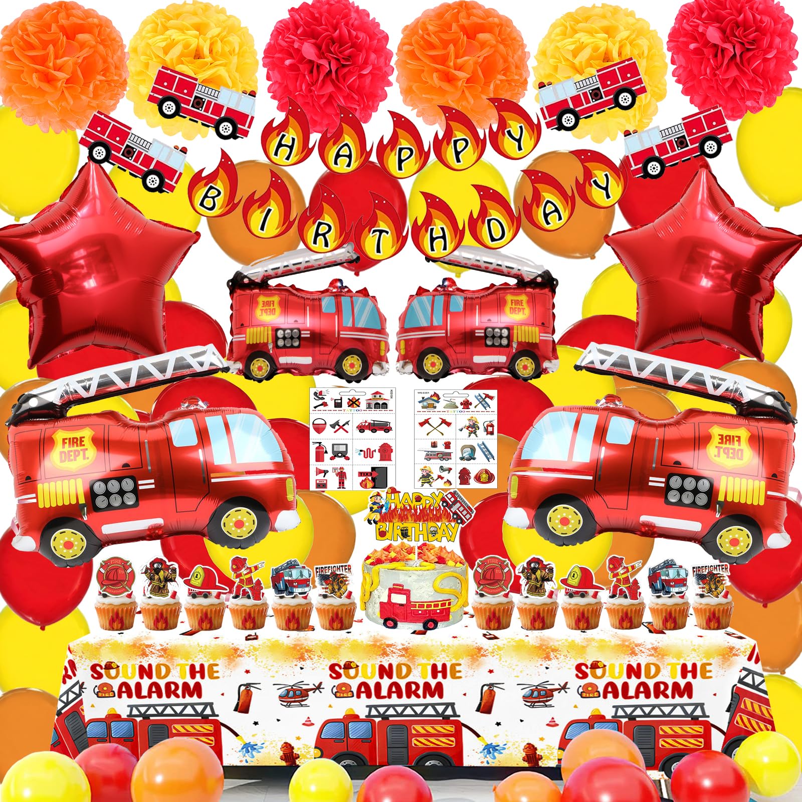 Fire Truck Theme Party Supplies set : Decorations with Happy Birthday Banner , Table Covers , Foil & Latex Balloons . Cake Topper , Paper Pom , Firefighter Tattoo Sticker . Perfect for kids Party !