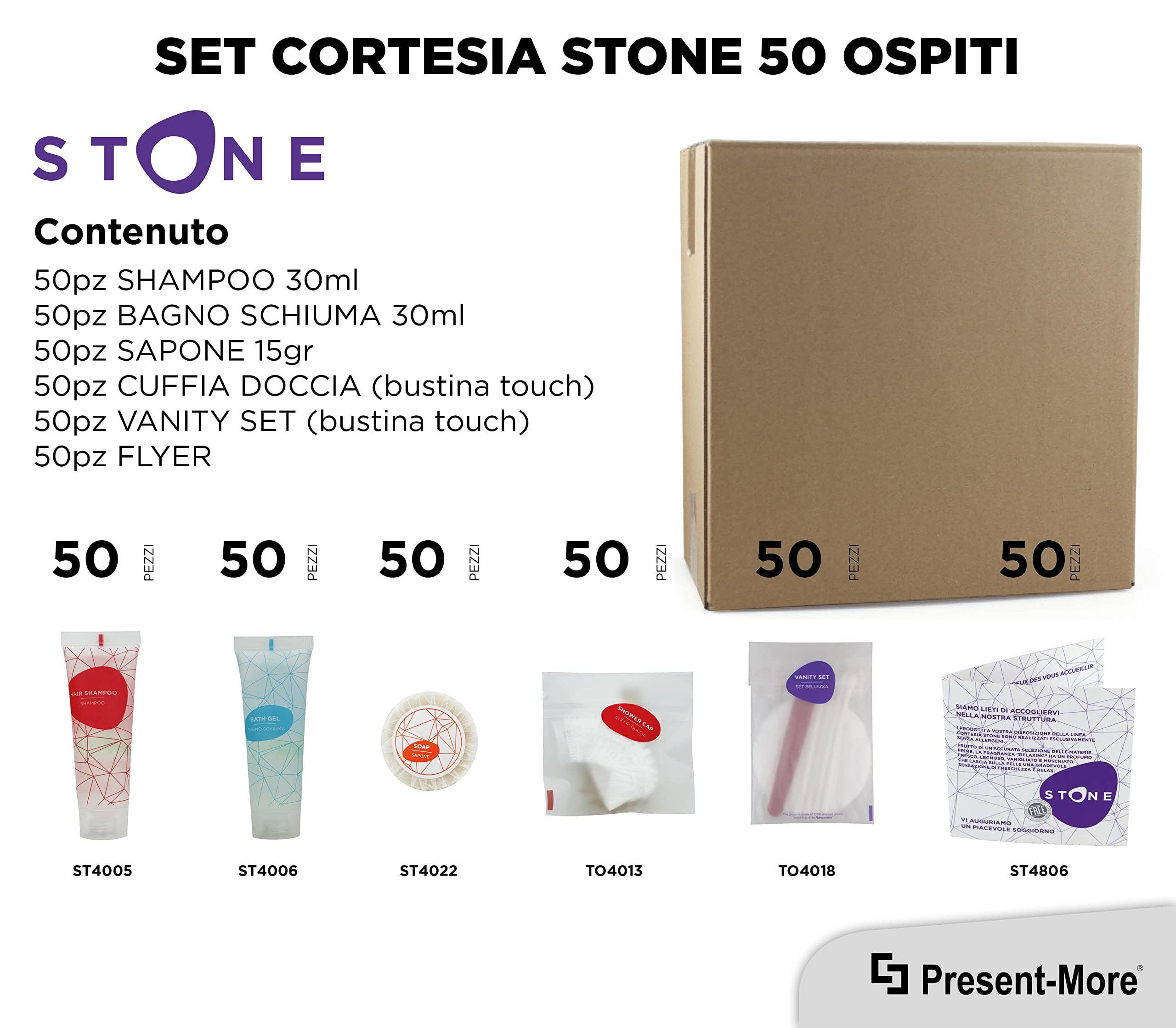PRESENT-MORE - Set Cortesia 50 Ospiti Stone - Fragranza Relaxing - Contiene: Shampoo, Gel Doccia, Sapone, Cuffia e Vanity - Per Hotel e B&B