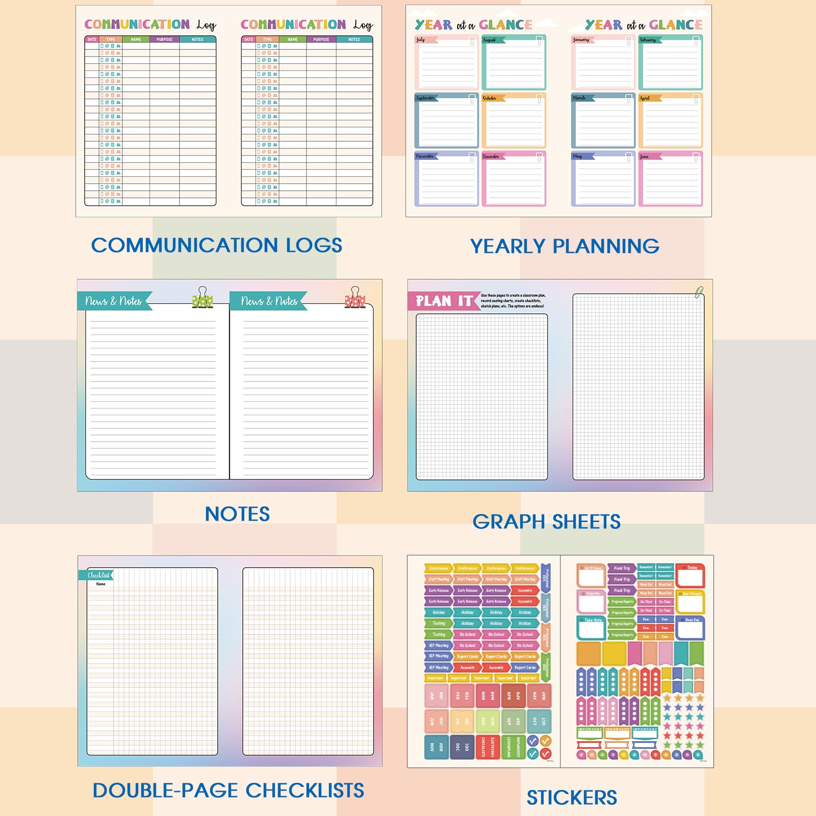Lehrerplaner, undatiert, 21,6 x 27,9 cm, ideal für die Schule | Unterrichtsplanbuch mit Aufklebern, Stundenplan, Wochenkalender