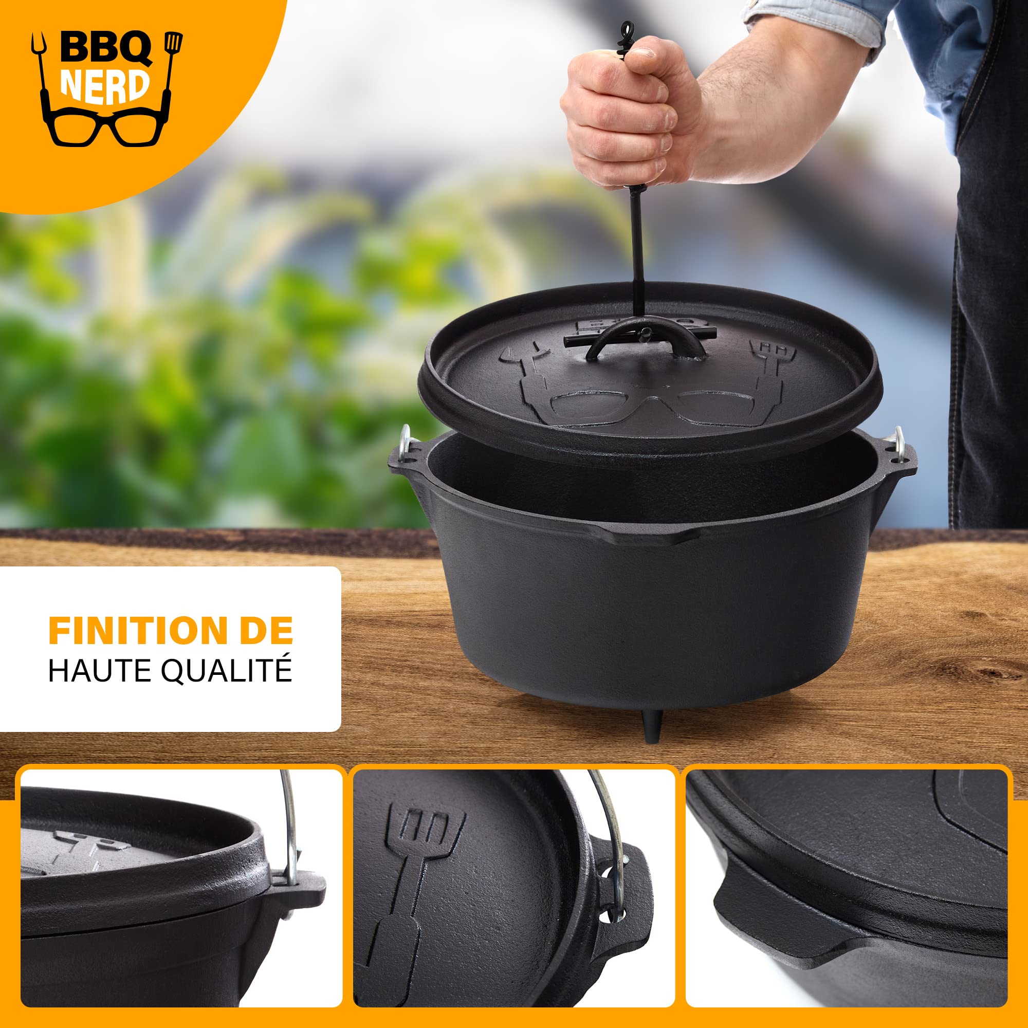 Marmite en fonte Dutch Oven BBQ-Nerd 3,1 l avec pieds déjà brûlé Preseasoned pour camping