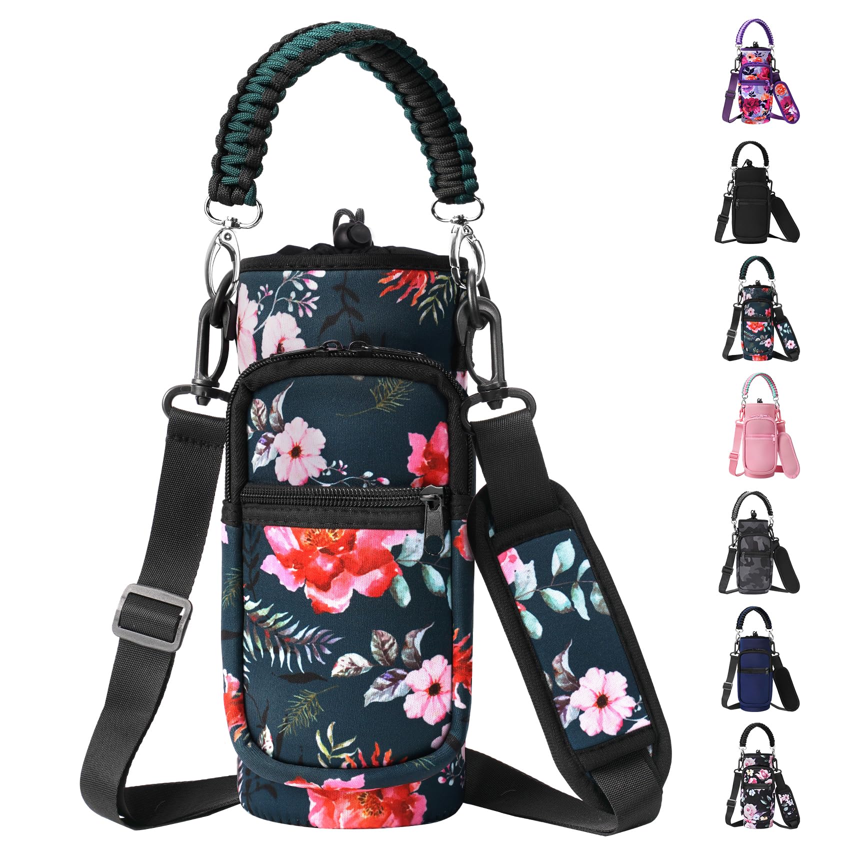 AceTreker 32/40/64/128 oz Neoprene Insulated Water Bottle Carrier Bag, Sling Bag Sleeve Pouch Holder with Strap & Paracord Handle and 2 Pocket for