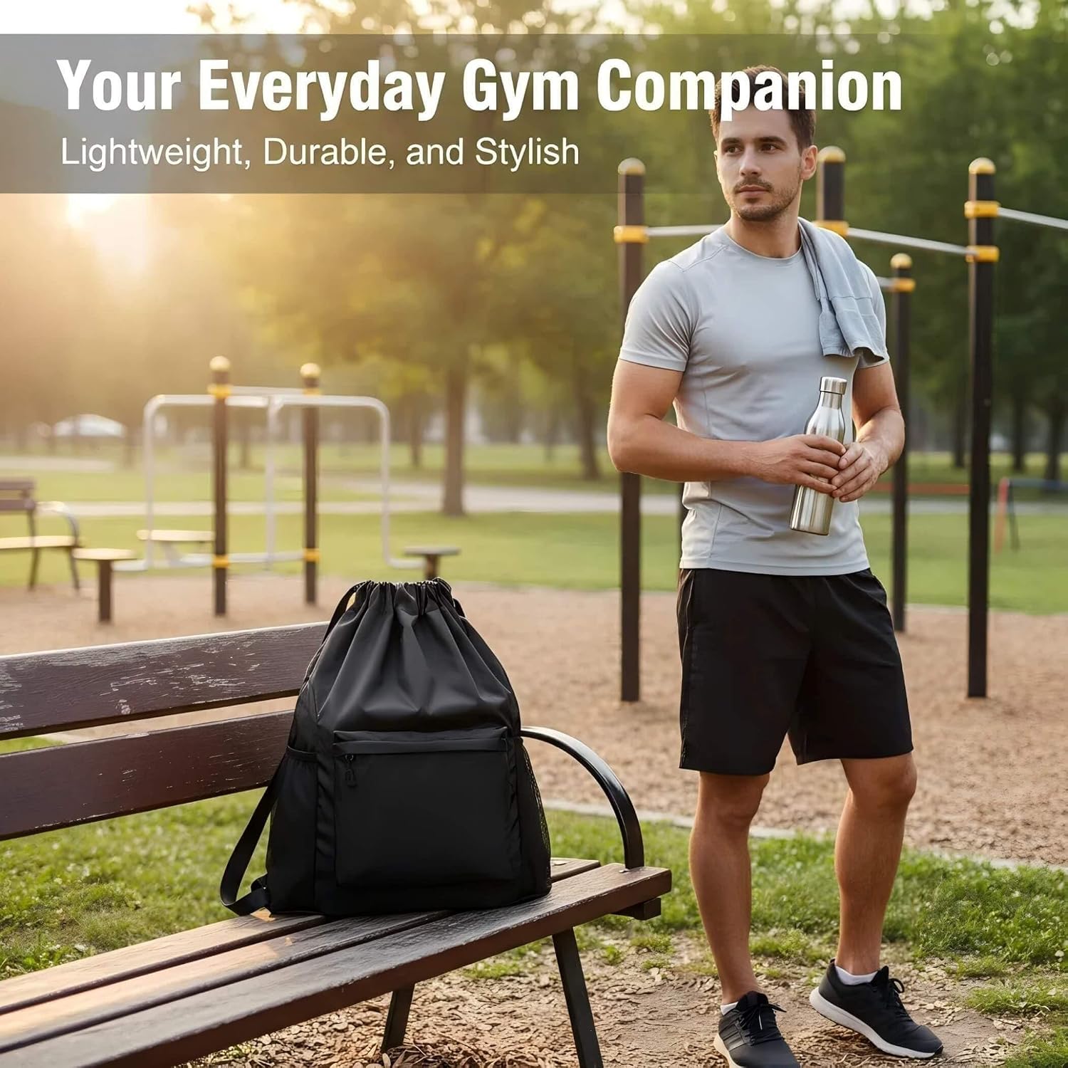 Water Resistant Oxford Drawstring Backpack Sports Gym Cinch Bag Black