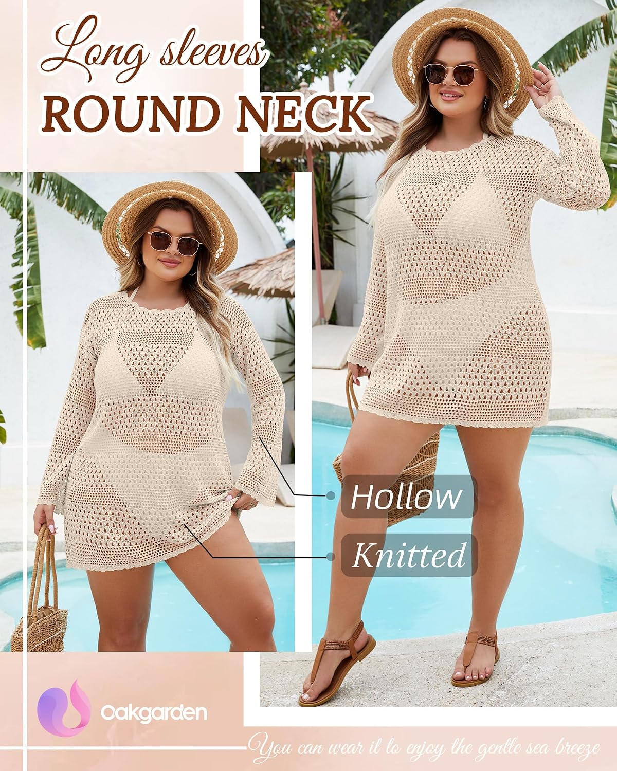 Oakgarden Women's Plus Size Swimsuit Cover up Crochet Bathing Suit Coverups Hollow Out 2026 Long Sleeve Beach Dress Swimwear