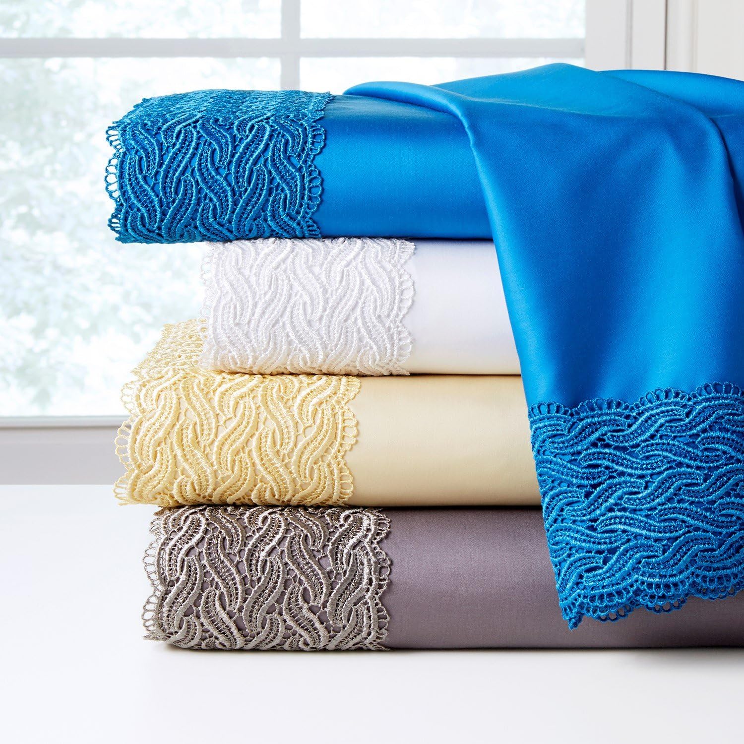 Pointehaven 300TC Combed Cotton Bridal Lace Oversized Sheet Set, Twin, Grey