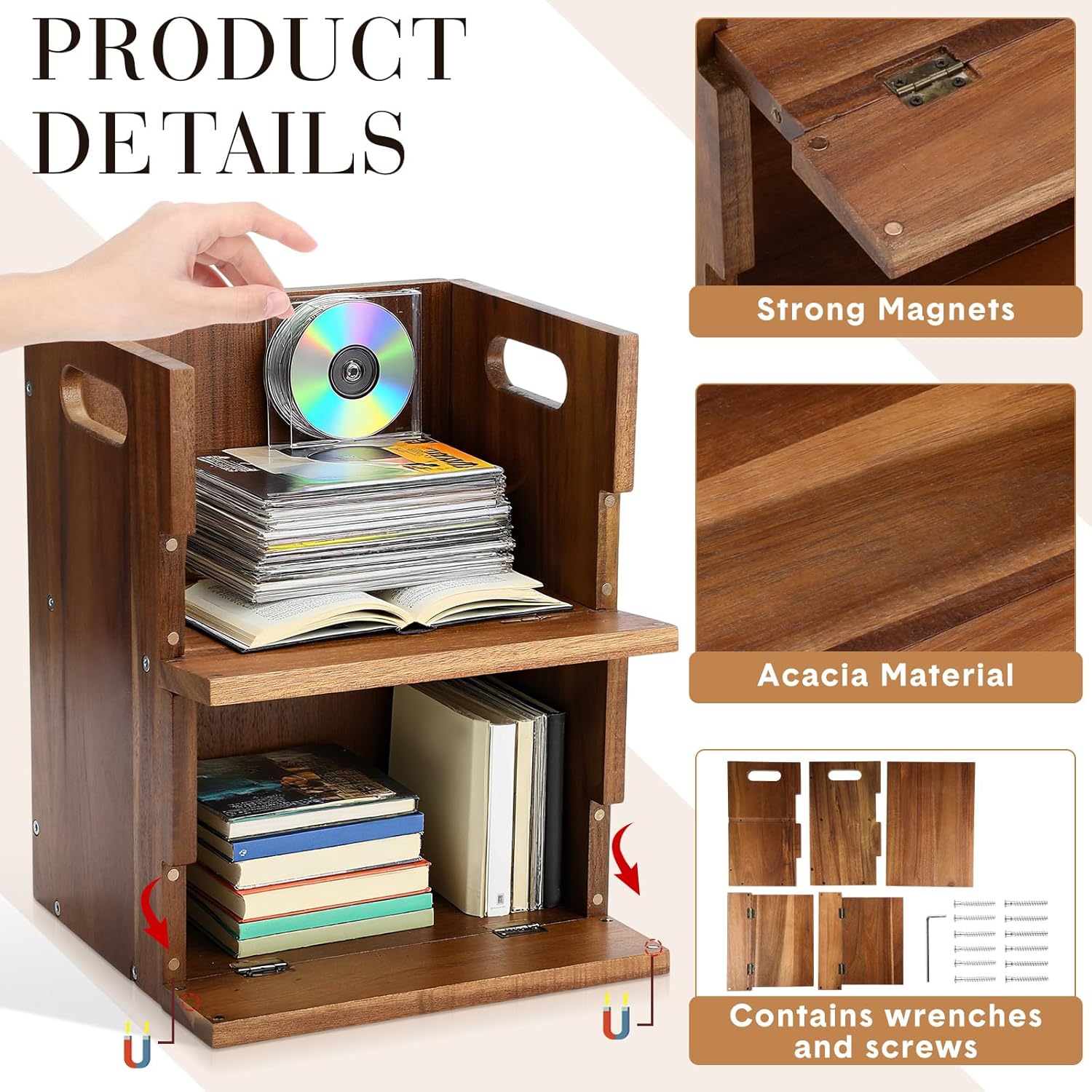 1 Set Wooden Cd Storage Box Holder Racks Cassette Tape Display Stand With Carrying Handles, Holds 42 Cd Case, Acacia Wood Shelf for Movie Cases, Dvds Organizer (Natural)