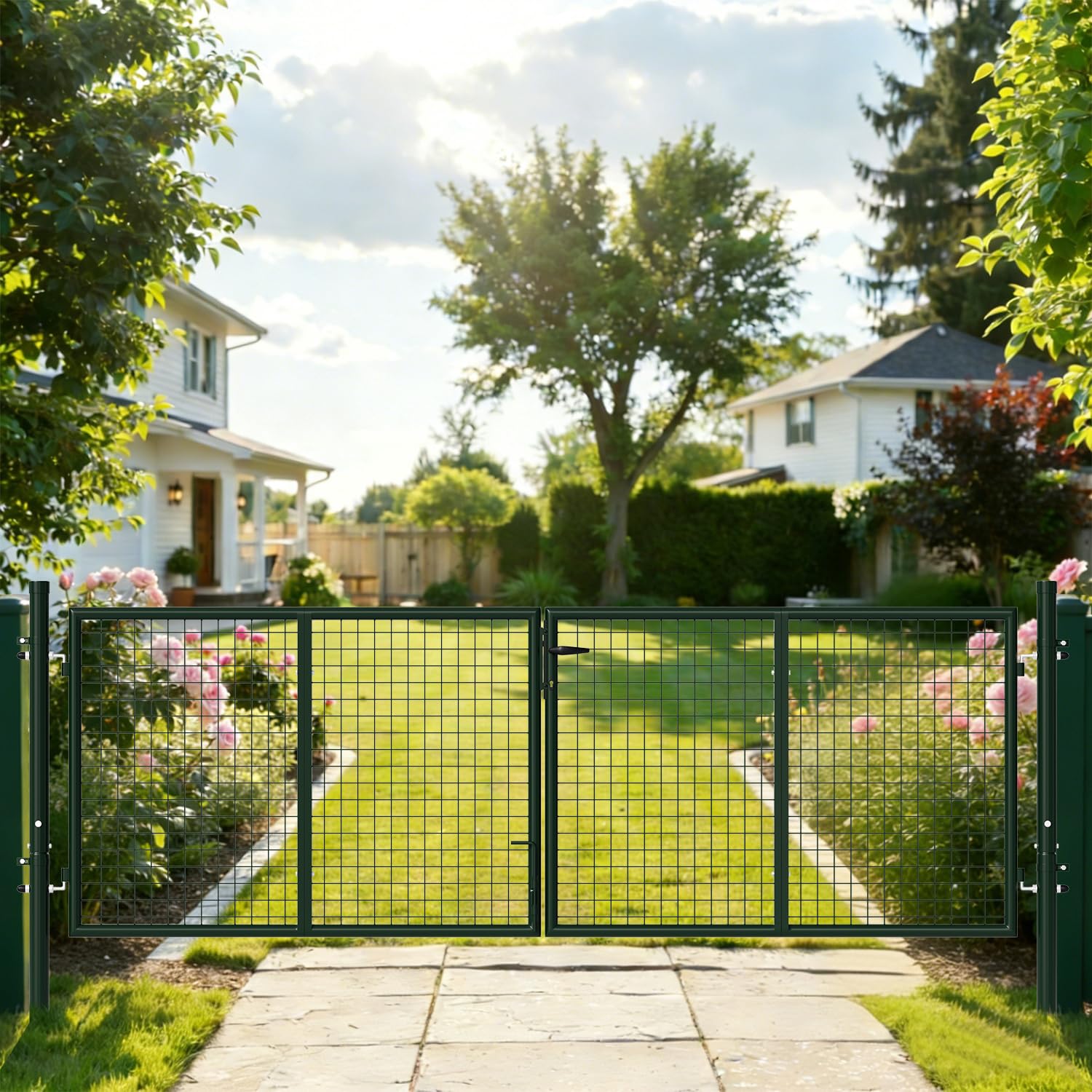 Cancello da giardino in metallo, porta a doppio battente, 300x100 cm, tubo tondo, fai da te, patchwork, incluso il lucchetto, per recinzione a doghe (verde).