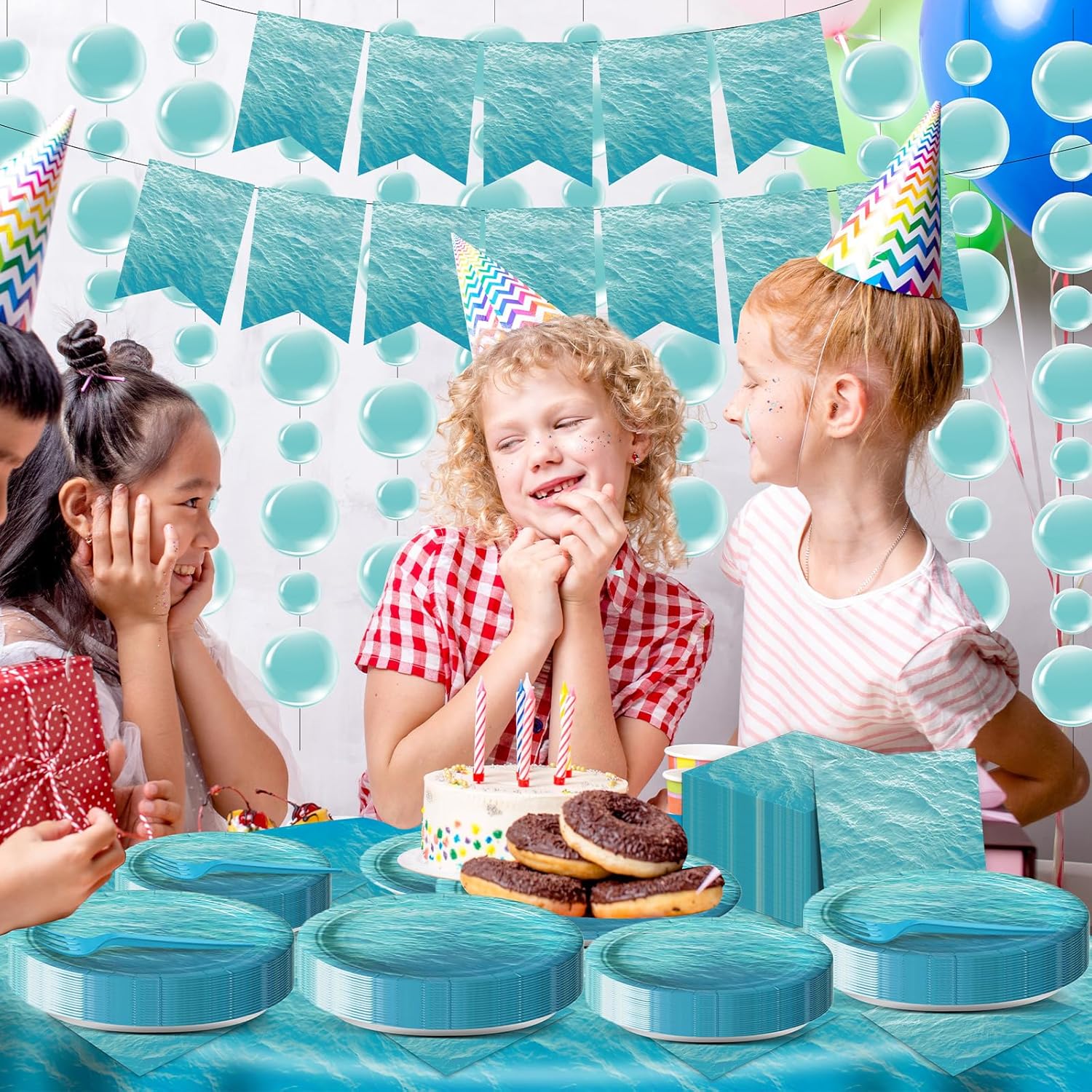 gisgfim 209Pcs Ocean Sea Party Supplies - Includes Plates, Napkins, Forks, Tablecloth, Banner, Garland for Birthday, Baby Shower Decorations