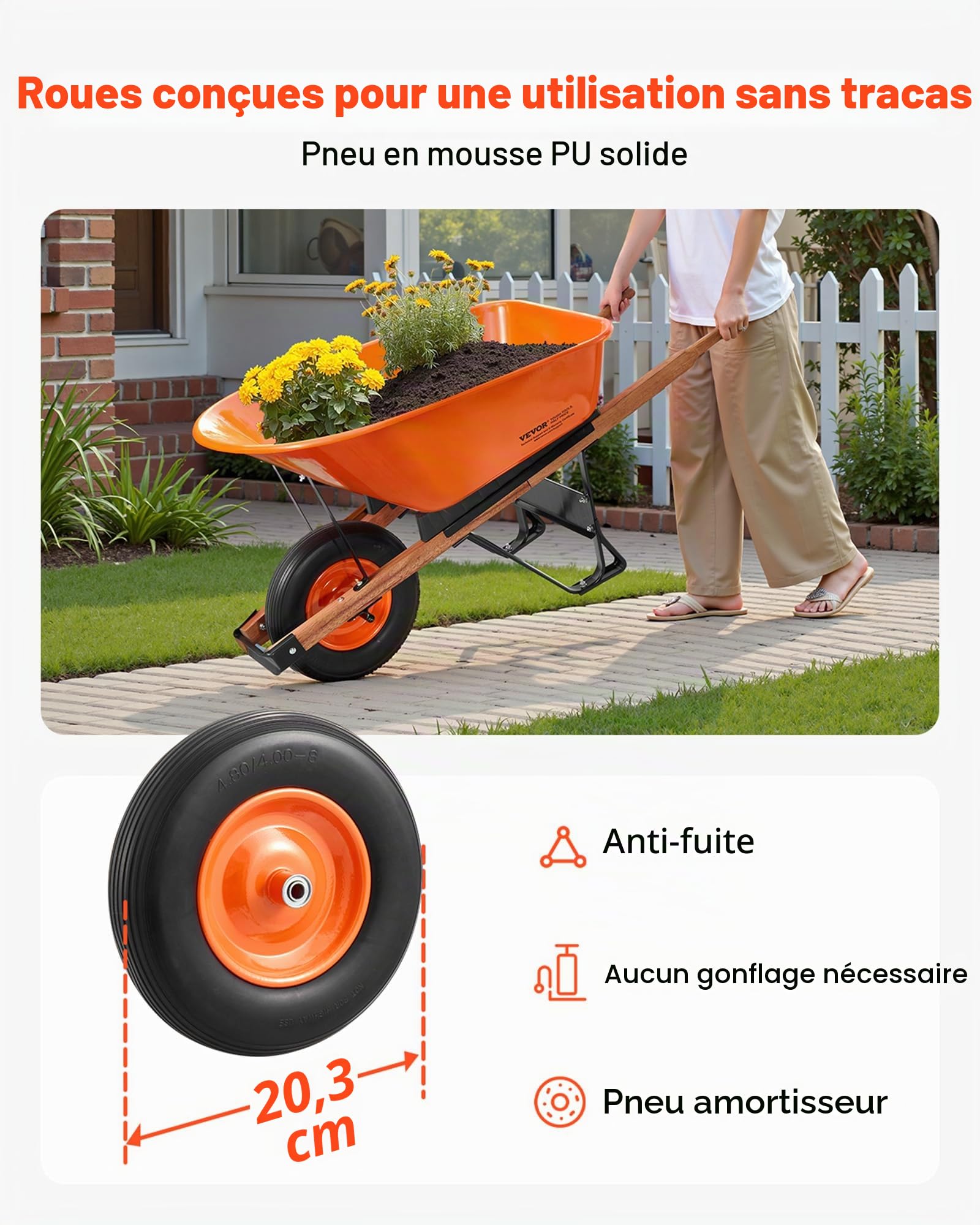 VEVOR Brouette à 1 Roue, Capacité de Charge 150 kg, Chariot de Jardin avec Poignée en Métal Roue Large 40 cm, Chariot Utilitaire à Chargement Facile pour Ferme, Pelouse, Extérieur, Jardinage, Entrepôt
