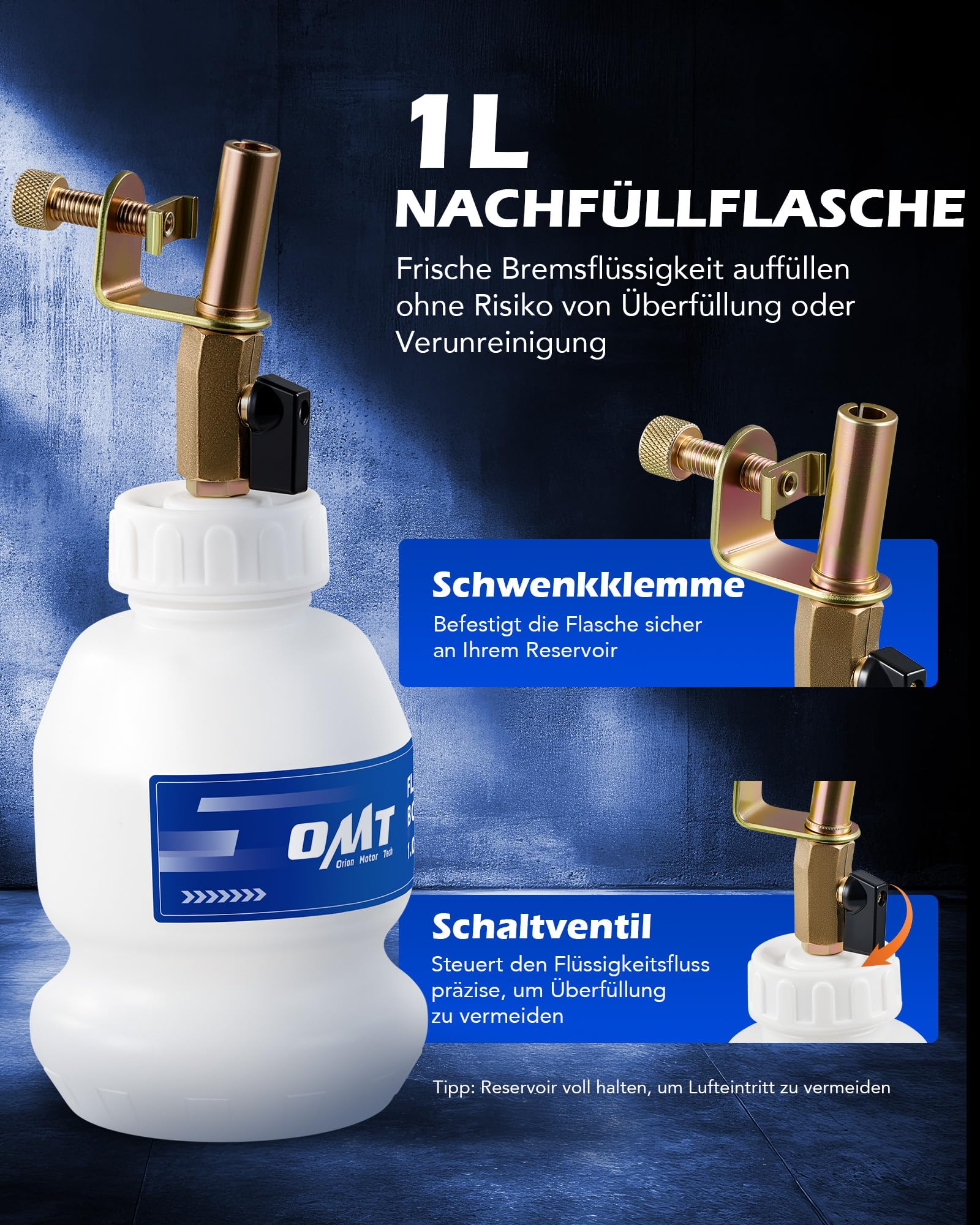 Orion Motor Tech 3L Bremsenentlüftungsgerät Druckluft mit 18 Universal-Adaptern & 1L Nachfüllflasche, Profi Bremsflüssigkeitswechselgerät Set KFZ